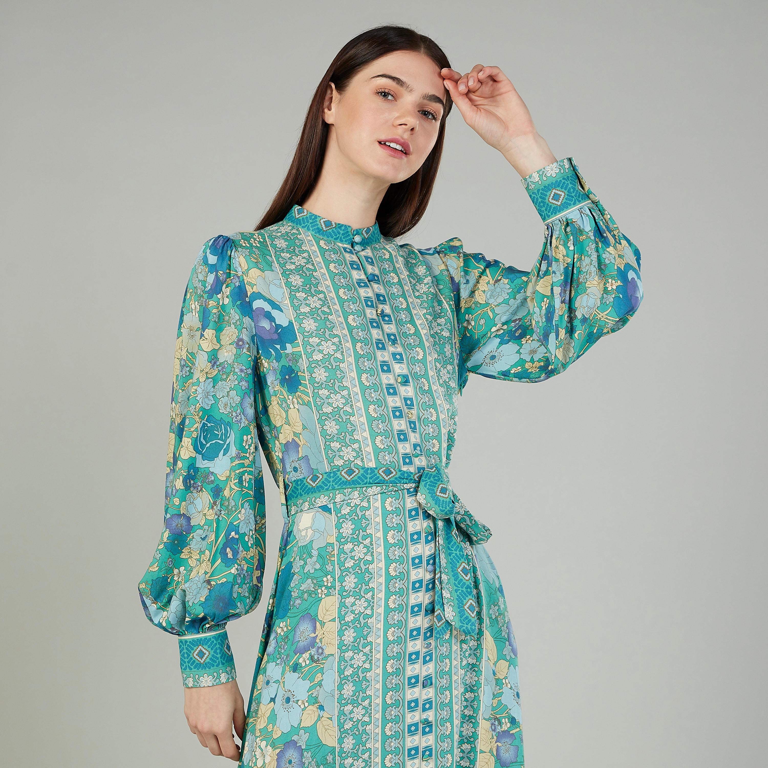 فستان طويل ايه لاين بأكمام بيشوب وأربطة وطبعات من آيكونيك-women-clothing-dresses-image-3