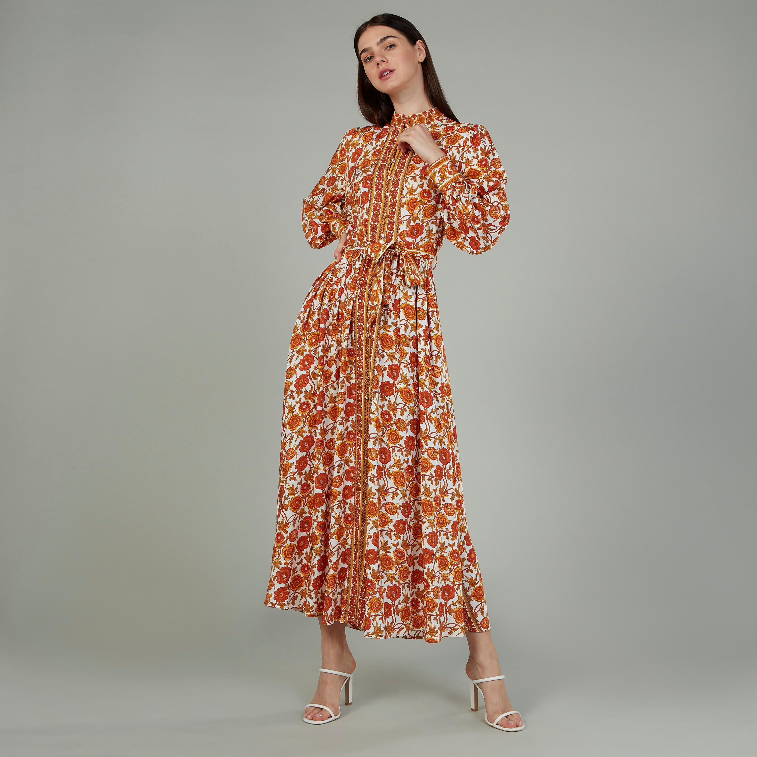 فستان طويل ايه لاين بياقة عالية وأكمام طويلة وطبعات من آيكونيك-women-clothing-dresses-image-1