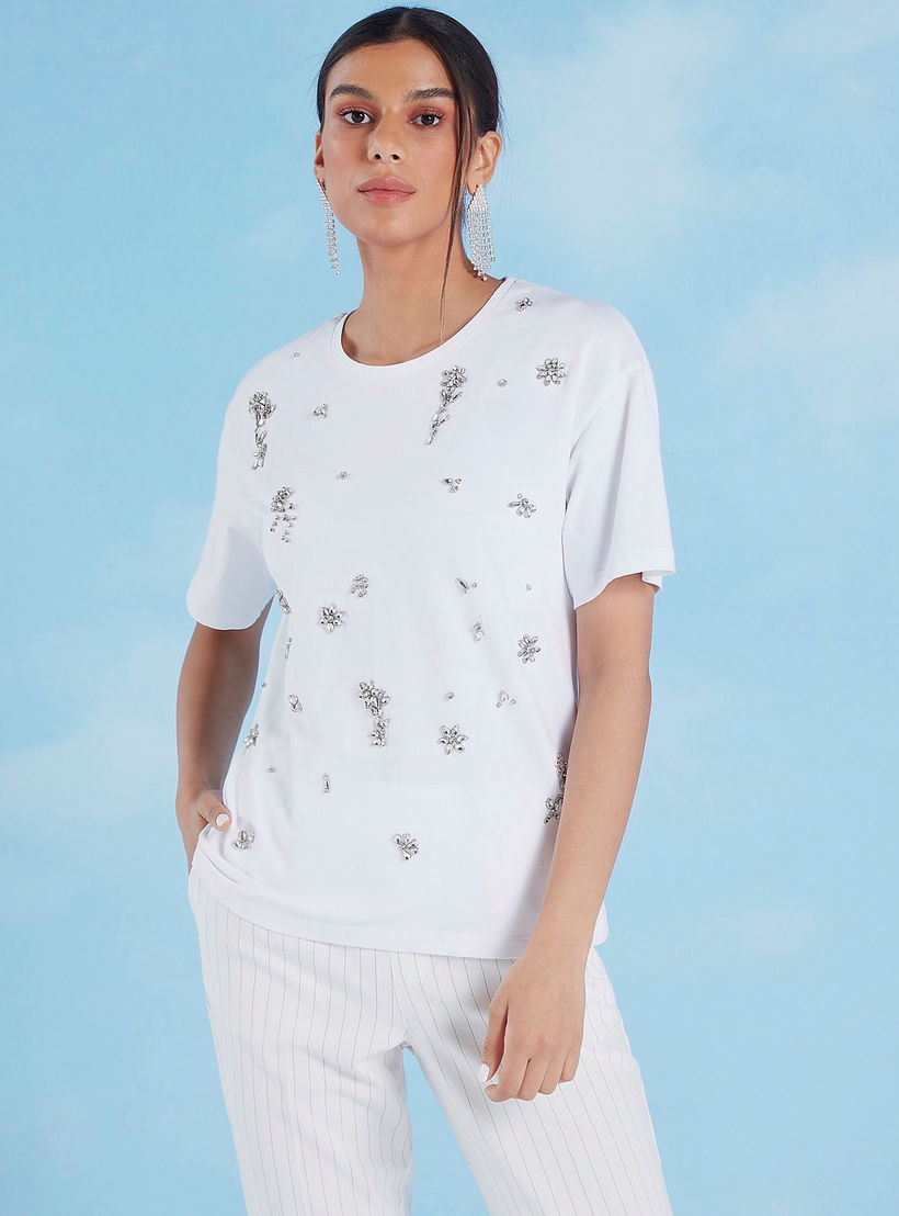 Iconic Embellished T-shirt with Round Neck and Short Sleeves-women-clothing-tshirts-image-2