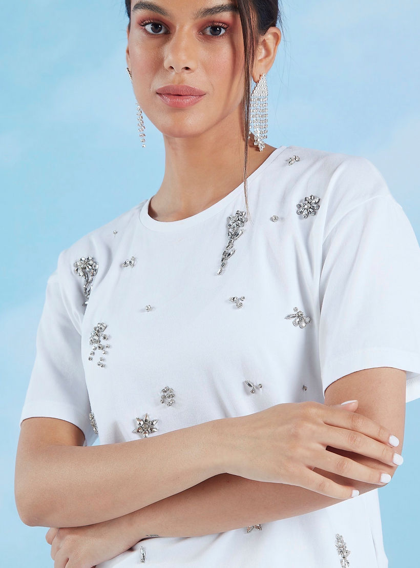 Iconic Embellished T-shirt with Round Neck and Short Sleeves-women-clothing-tshirts-image-4