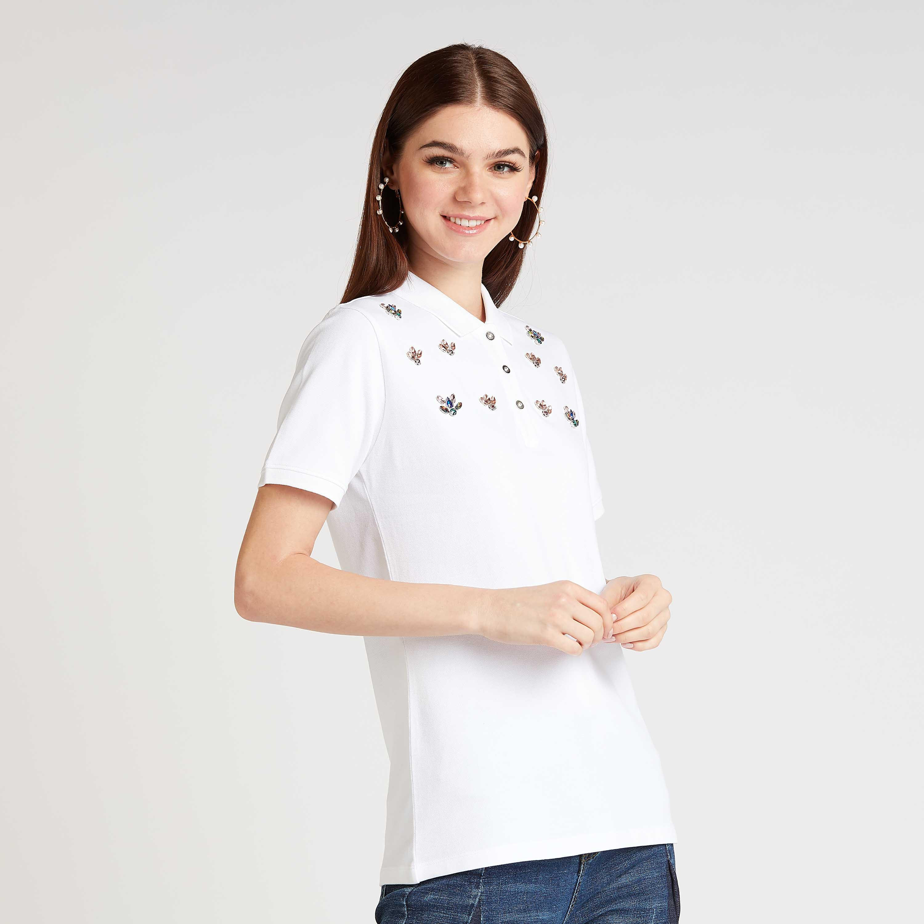 Iconic Embellished Polo T-shirt with Short Sleeves-women-clothing-tshirts-image-5
