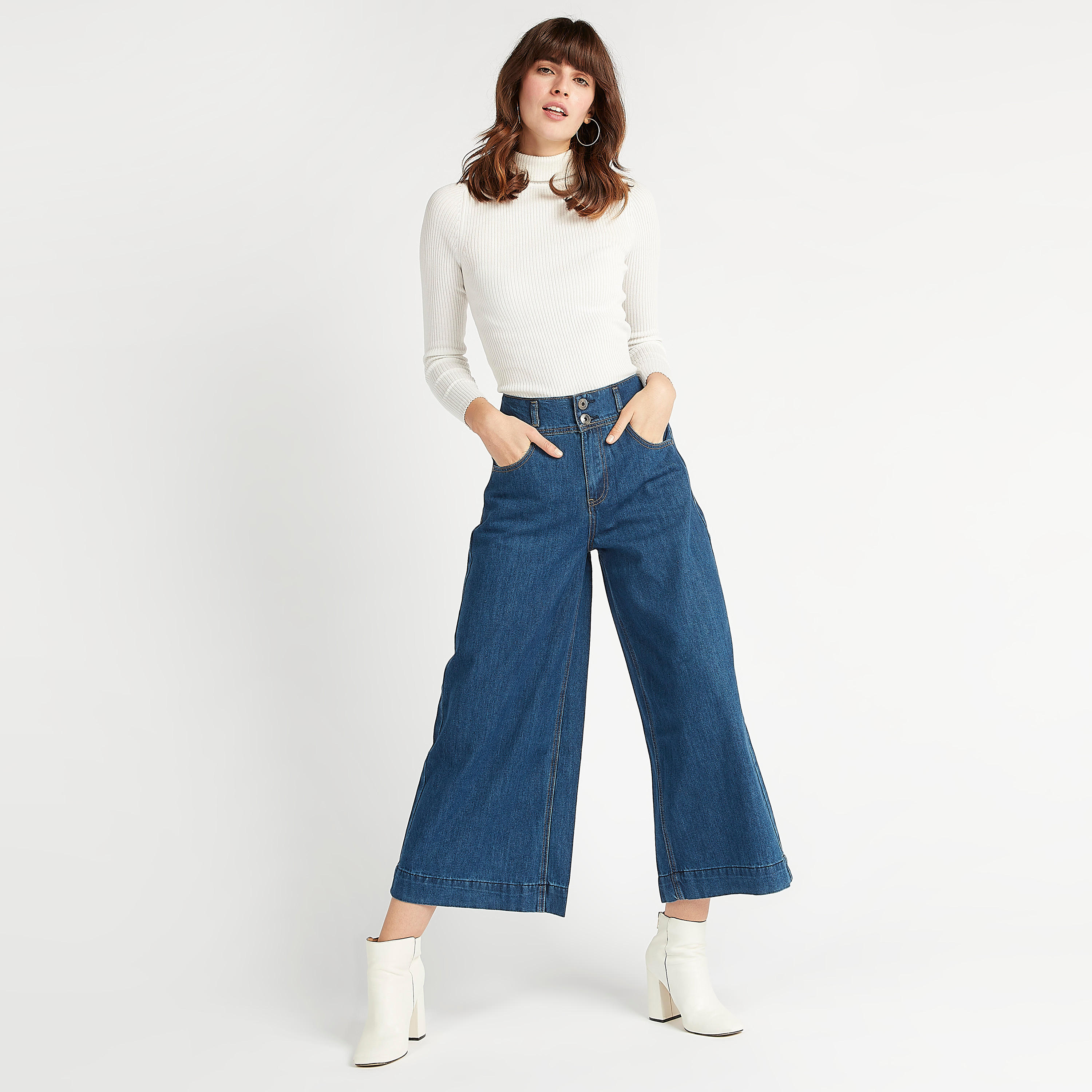 بنطلون دينم سادة بساق واسعة وخصر مرتفع وجيوب من آيكونيك-women-clothing-bottoms-trousers-image-1