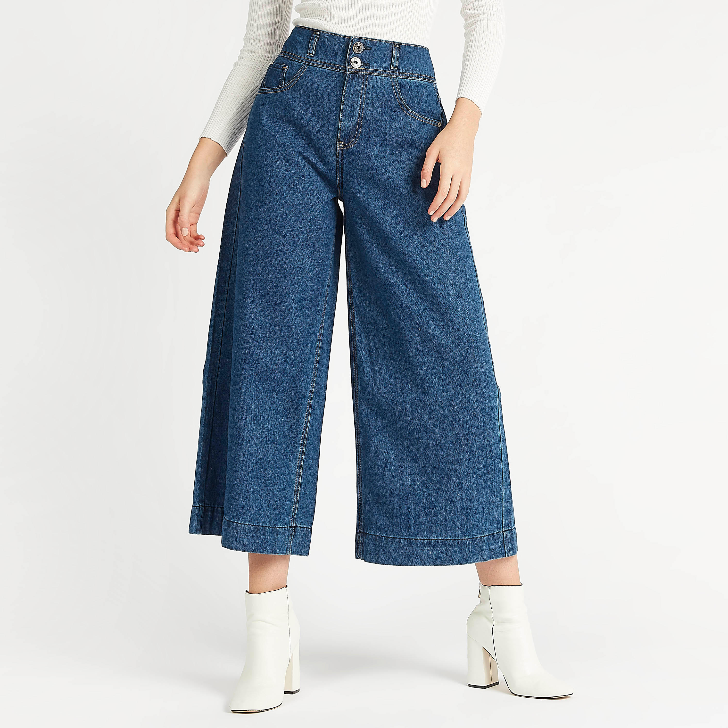 بنطلون دينم سادة بساق واسعة وخصر مرتفع وجيوب من آيكونيك-women-clothing-bottoms-trousers-image-2