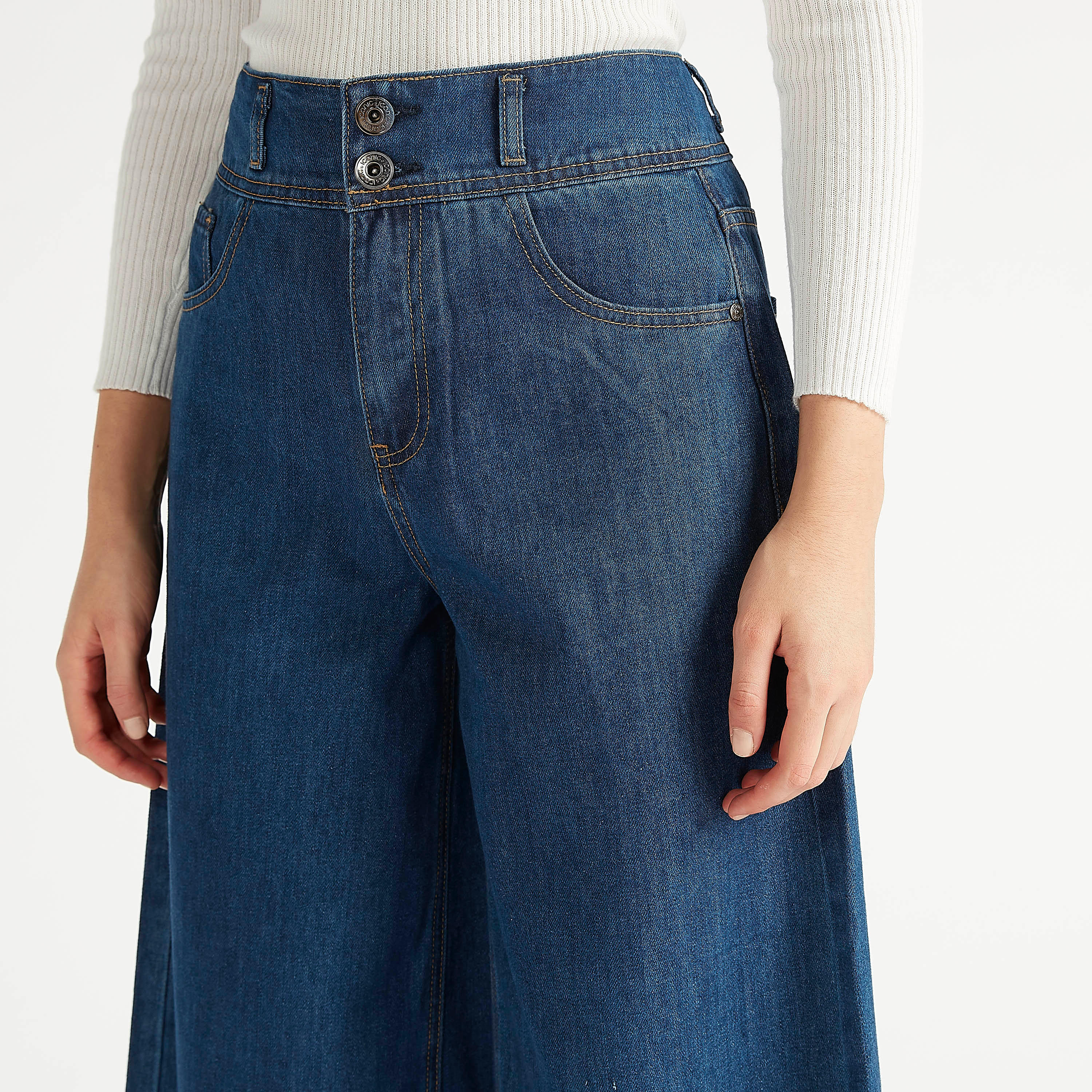بنطلون دينم سادة بساق واسعة وخصر مرتفع وجيوب من آيكونيك-women-clothing-bottoms-trousers-image-3