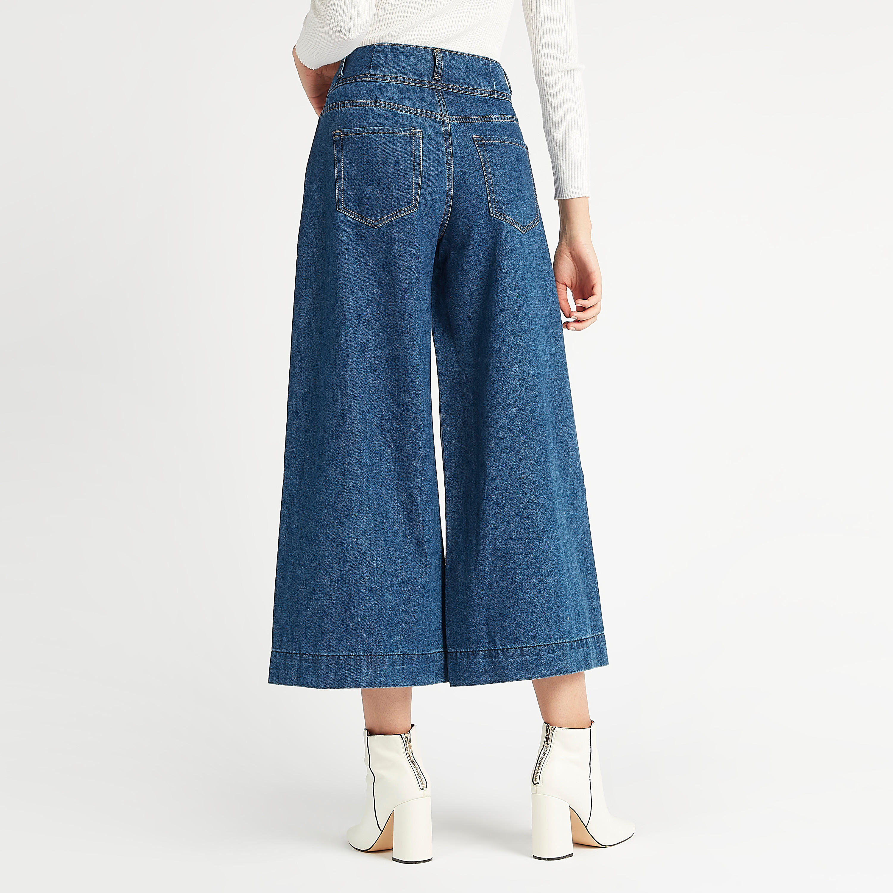 بنطلون دينم سادة بساق واسعة وخصر مرتفع وجيوب من آيكونيك-women-clothing-bottoms-trousers-image-4