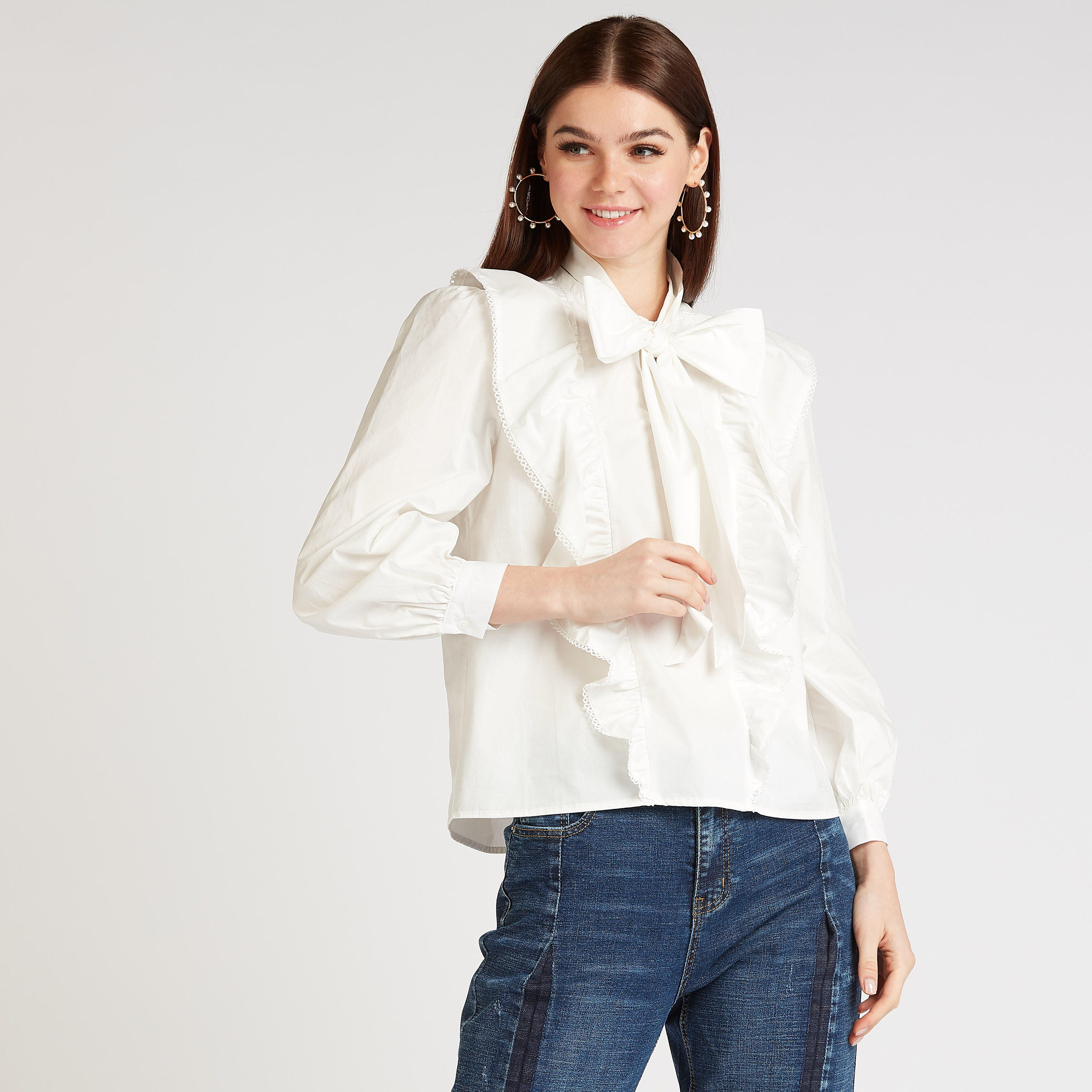 Iconic Solid Top with Necktie and Ruffle Detail-women-clothing-shirtsandblouses-blouses-image-1