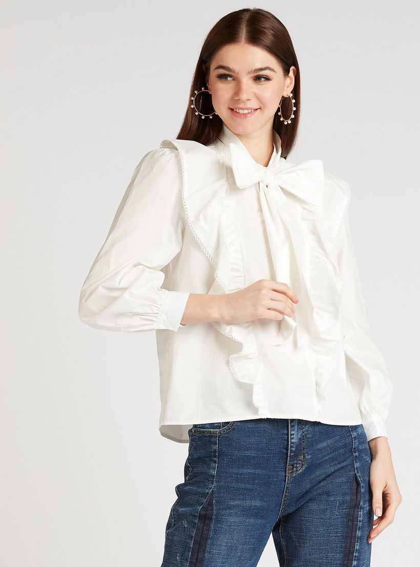Iconic Solid Top with Necktie and Ruffle Detail-women-clothing-shirtsandblouses-blouses-image-1