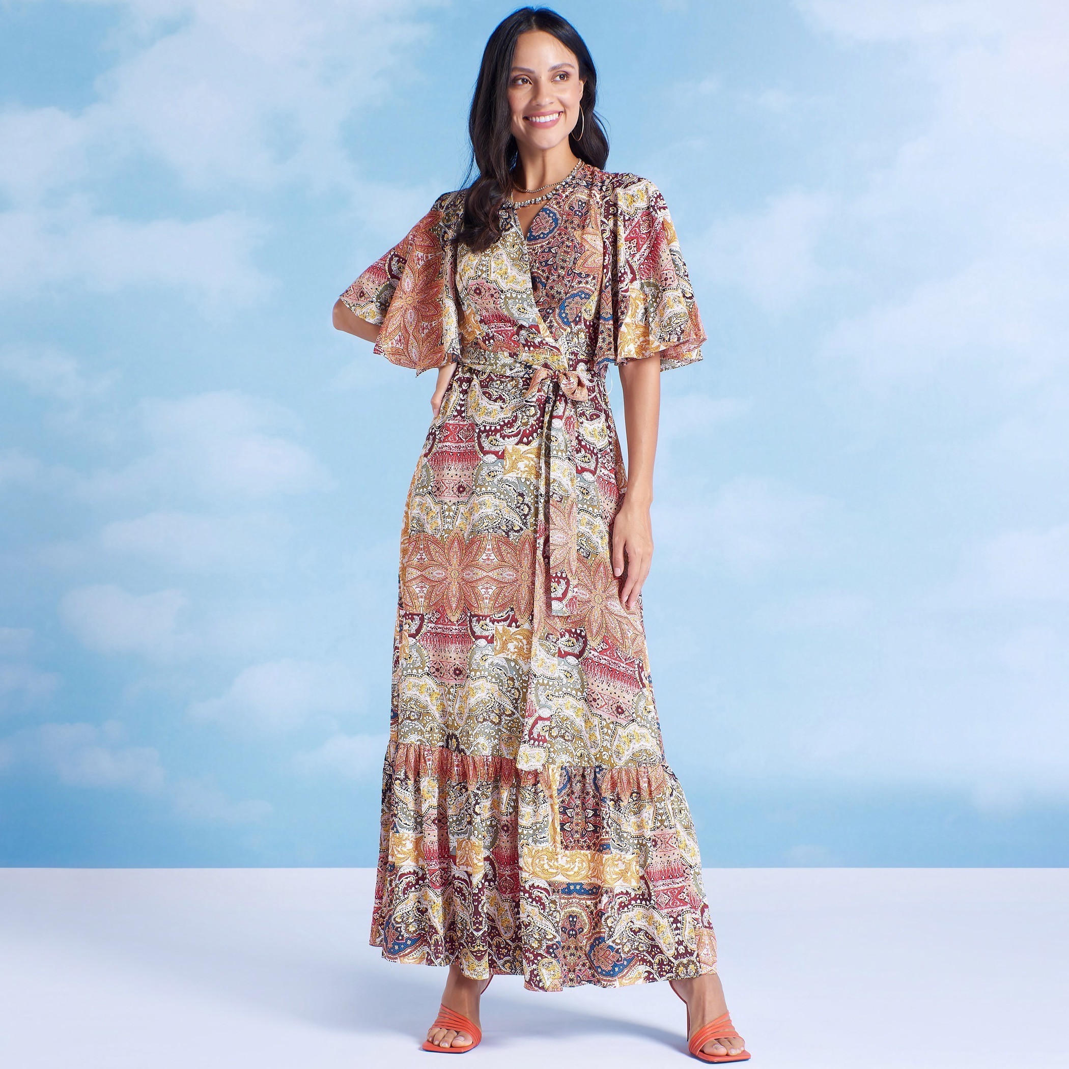 فستان واسع بطبعات وياقة عنق وأكمام واسعة-women-clothing-dresses-image-1
