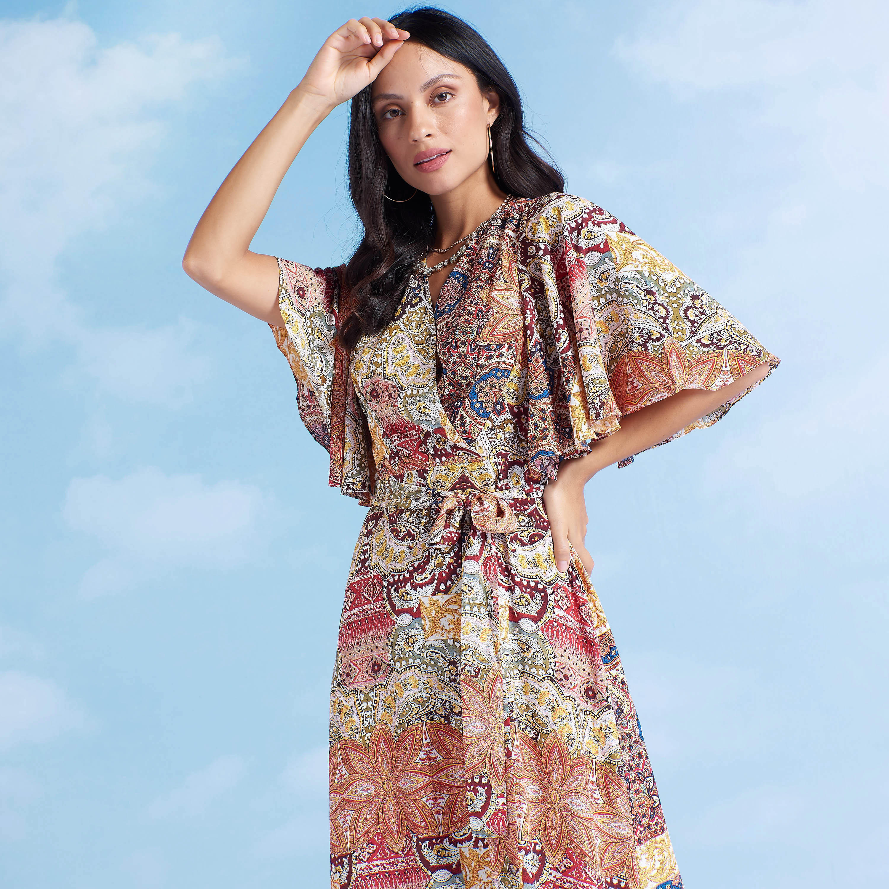 فستان واسع بطبعات وياقة عنق وأكمام واسعة-women-clothing-dresses-image-2