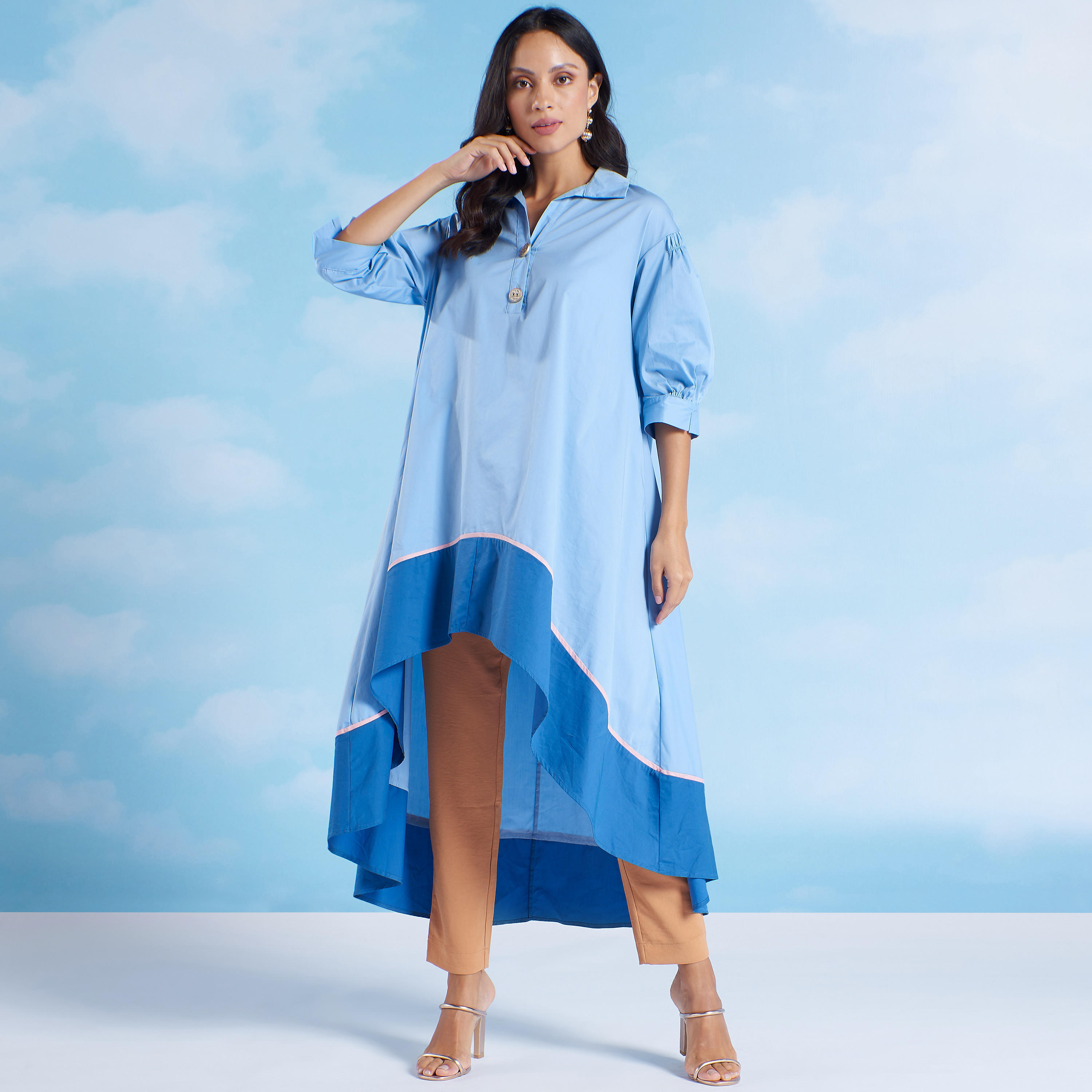 فستان ميدي سادة بأكمام 3/4 وحواف غير مستوية من آيكونيك-women-clothing-dresses-image-1