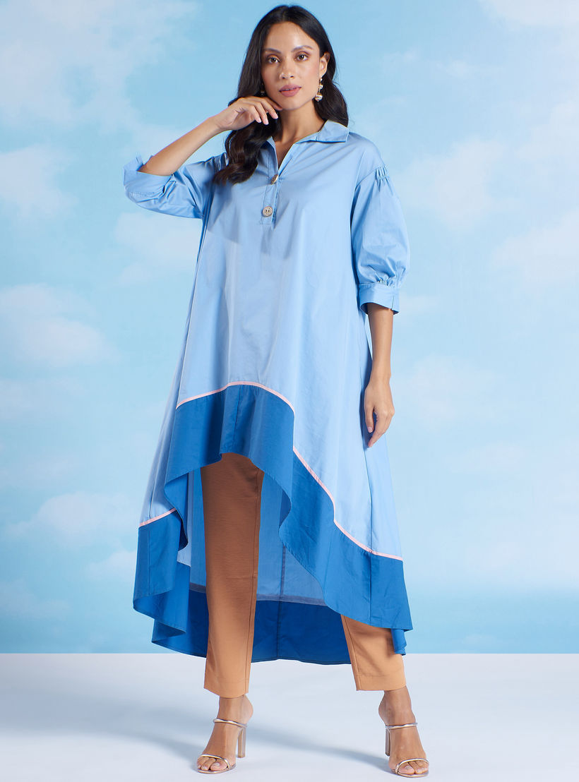 فستان ميدي سادة بأكمام 3/4 وحواف غير مستوية من آيكونيك-women-clothing-dresses-image-1