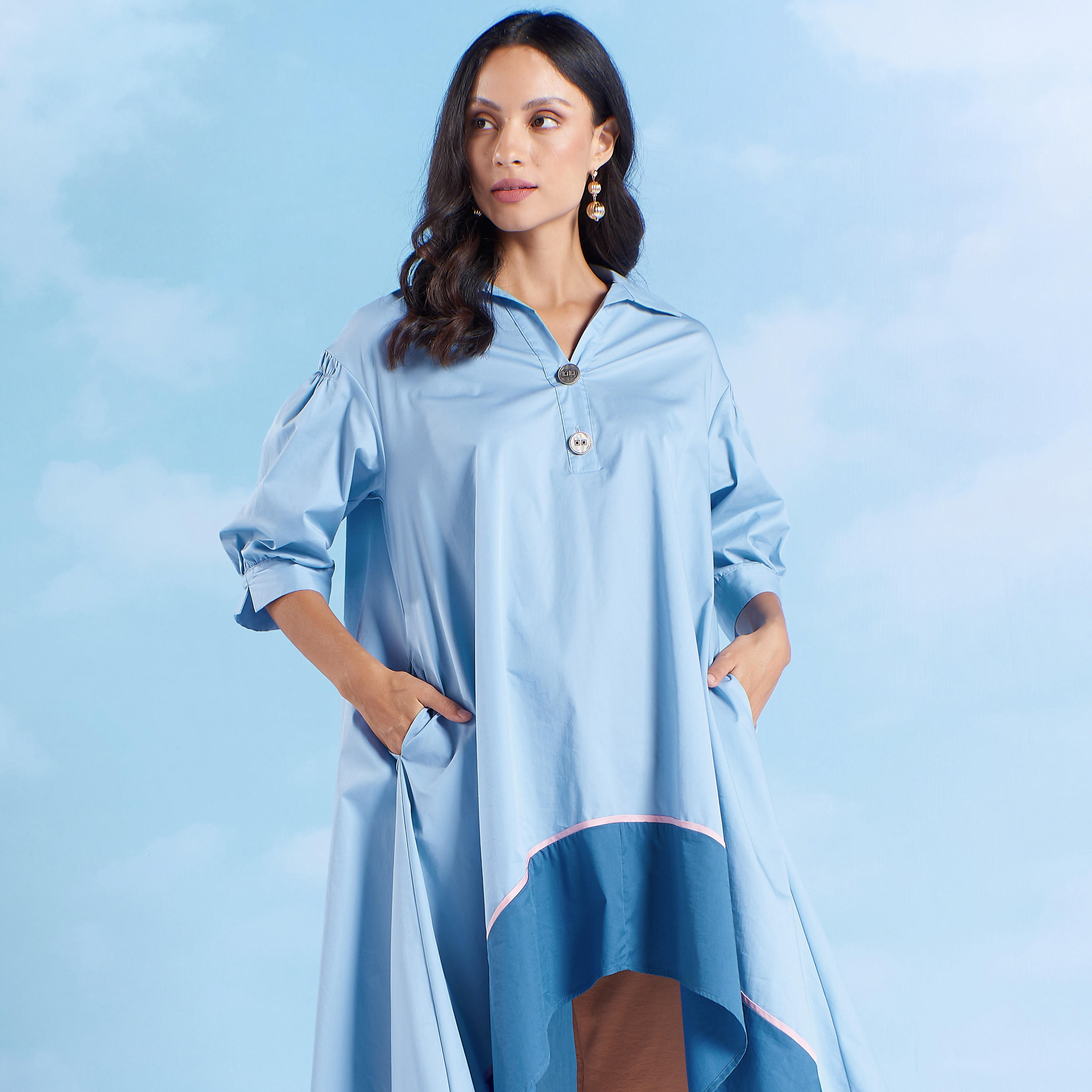 فستان ميدي سادة بأكمام 3/4 وحواف غير مستوية من آيكونيك-women-clothing-dresses-image-2