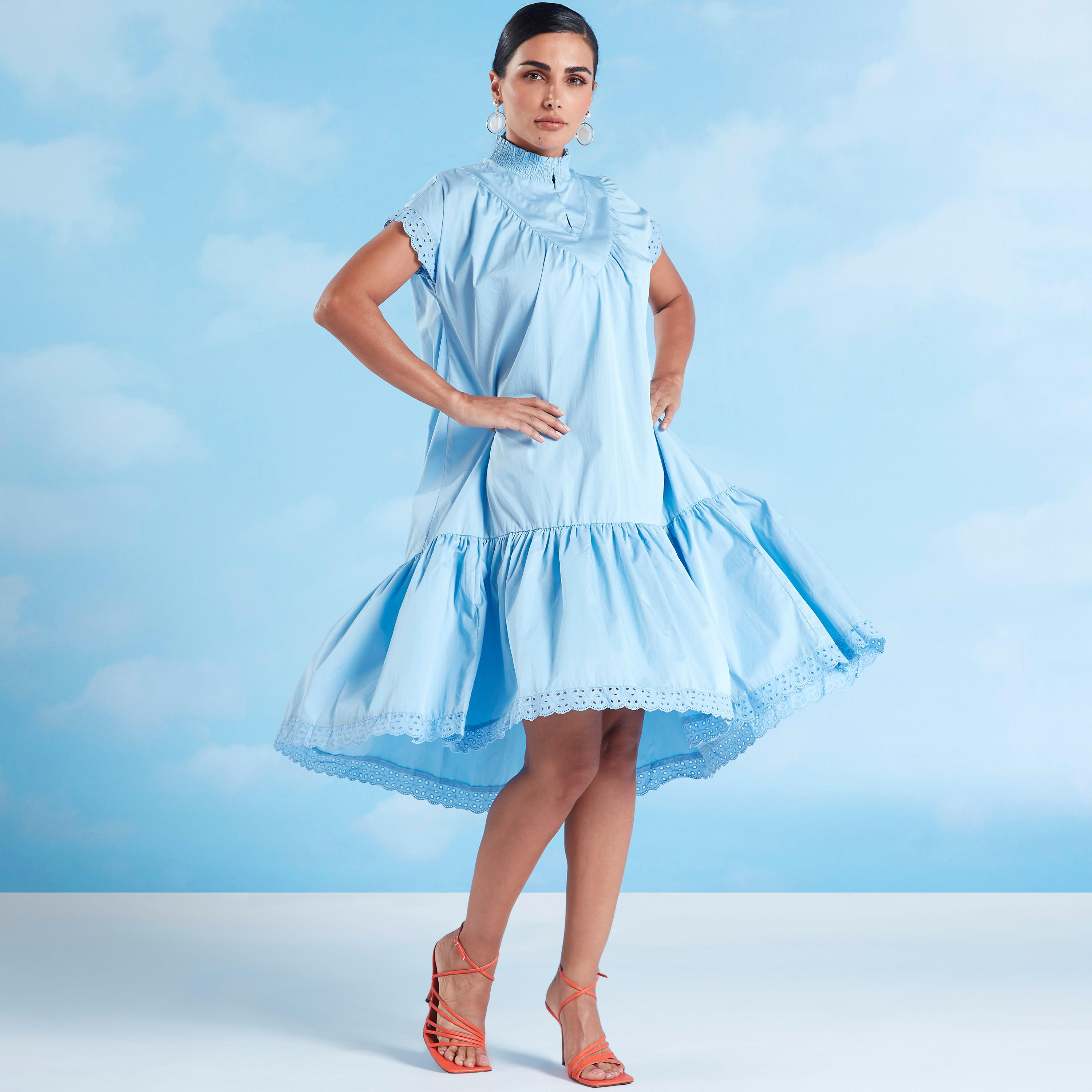 فستان ميدي إيه لاين سادة بياقة عالية وأكمام قصيرة من آيكونيك-women-clothing-dresses-image-1