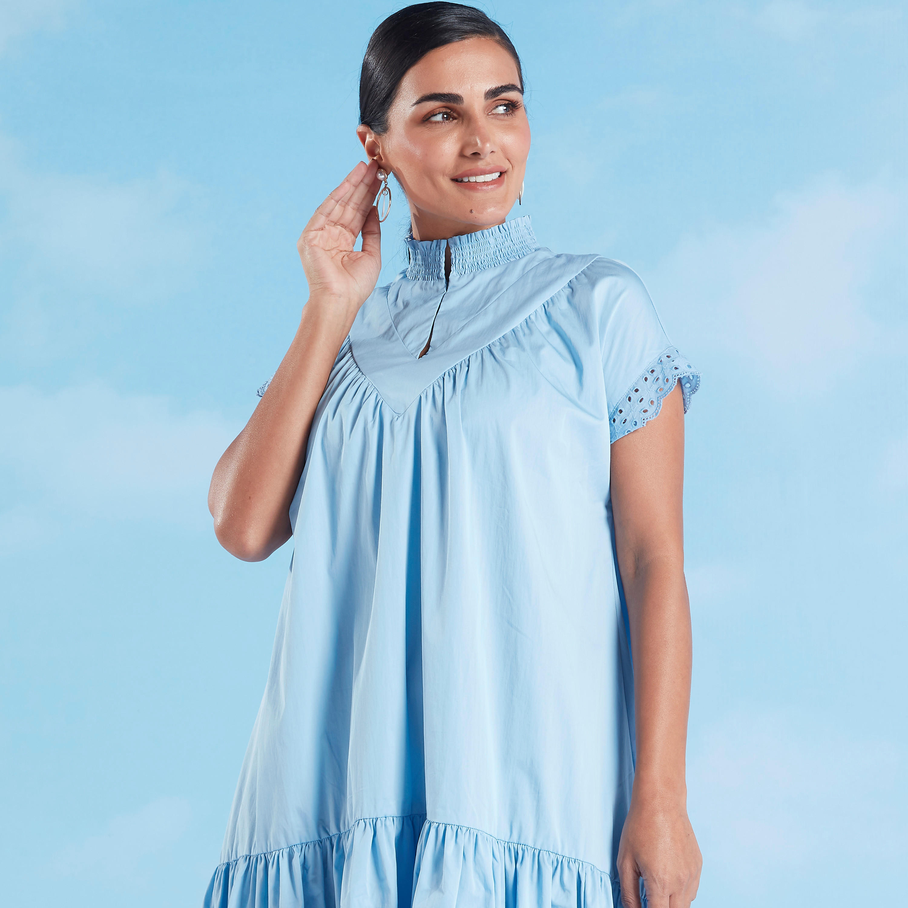 فستان ميدي إيه لاين سادة بياقة عالية وأكمام قصيرة من آيكونيك-women-clothing-dresses-image-2
