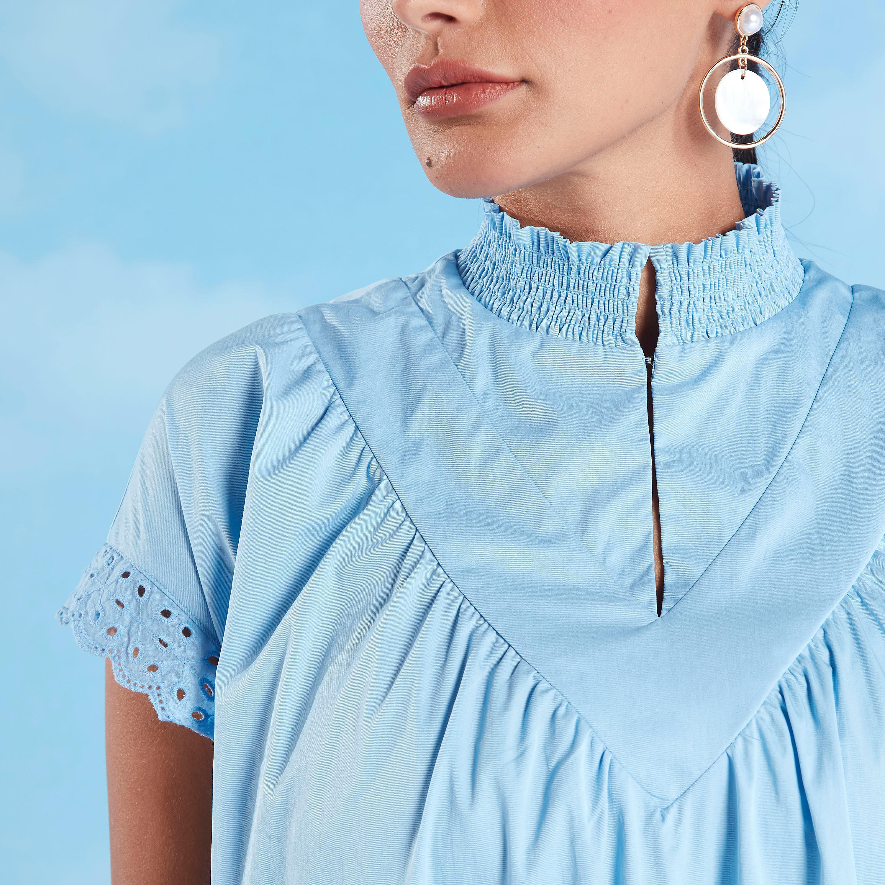 فستان ميدي إيه لاين سادة بياقة عالية وأكمام قصيرة من آيكونيك-women-clothing-dresses-image-3