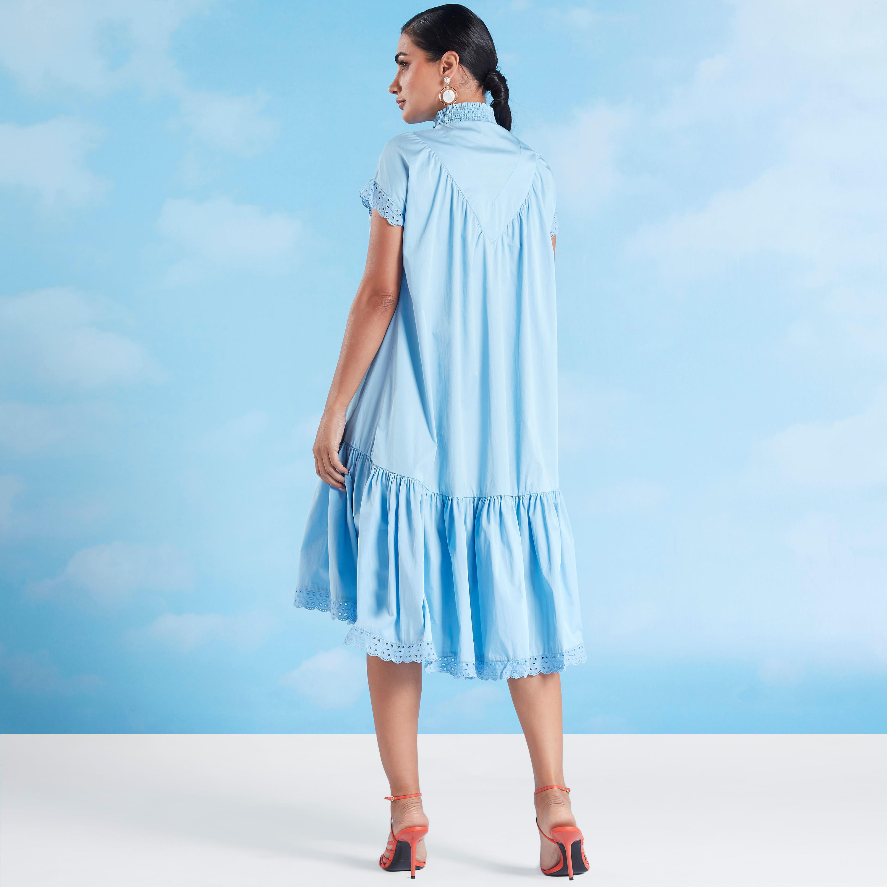 فستان ميدي إيه لاين سادة بياقة عالية وأكمام قصيرة من آيكونيك-women-clothing-dresses-image-5