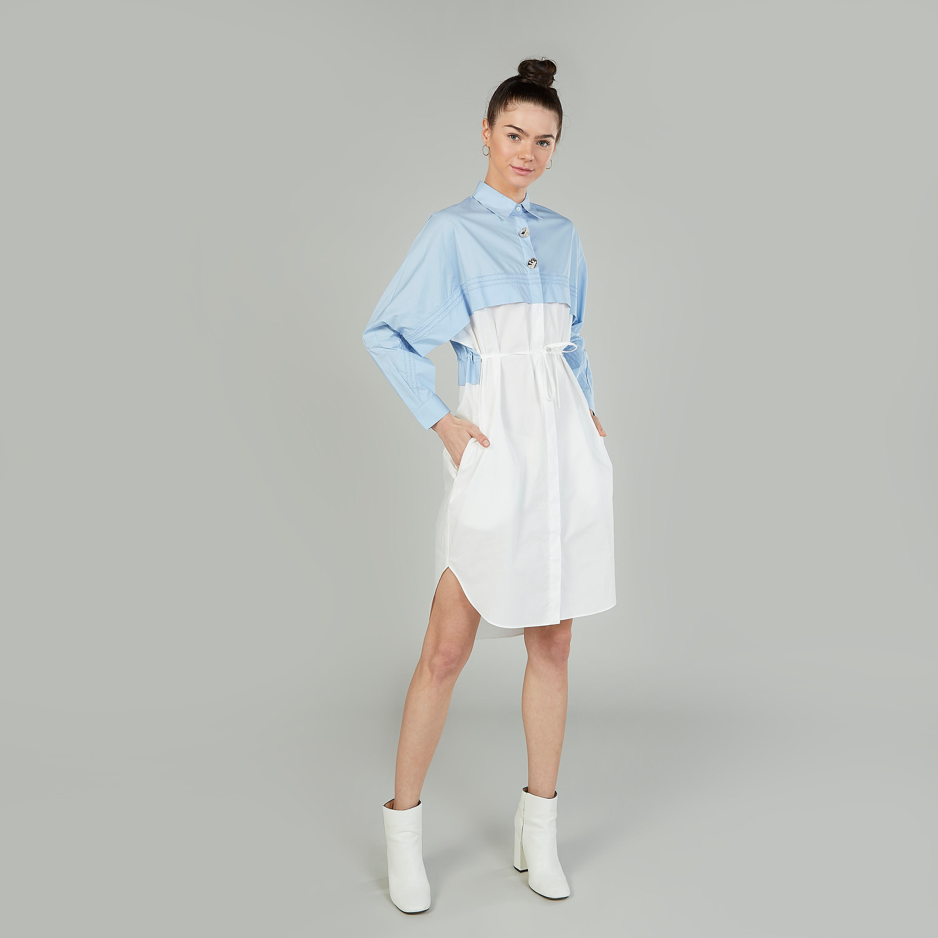 فستان قميص سادة بياقة عادية وأكمام طويلة من آيكونيك-women-clothing-dresses-image-1