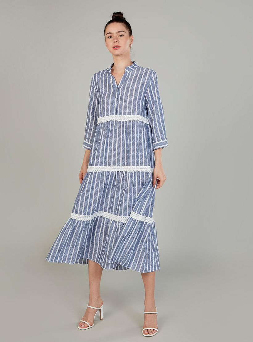 فستان إيه لاين ميدي مخطّط بياقة v وأكمام 3/4 من آيكونيك-women-clothing-dresses-image-1