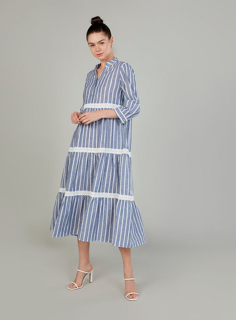 فستان إيه لاين ميدي مخطّط بياقة v وأكمام 3/4 من آيكونيك-women-clothing-dresses-image-2