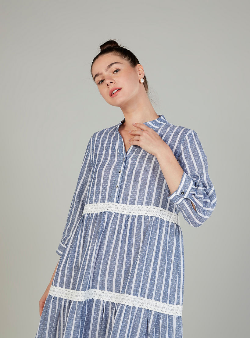 فستان إيه لاين ميدي مخطّط بياقة v وأكمام 3/4 من آيكونيك-women-clothing-dresses-image-3
