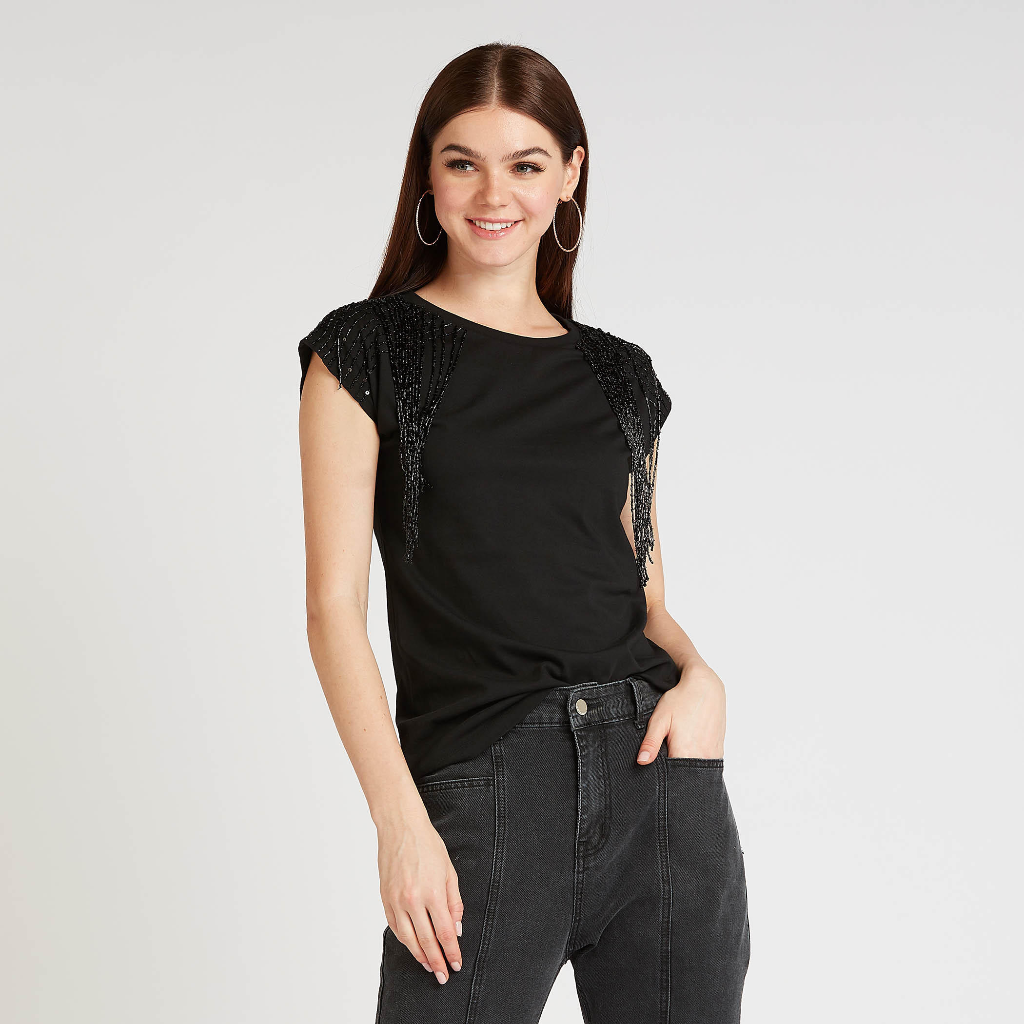 Iconic Embellished T-shirt with Round Neck and Short Sleeves-women-clothing-tshirts-image-1