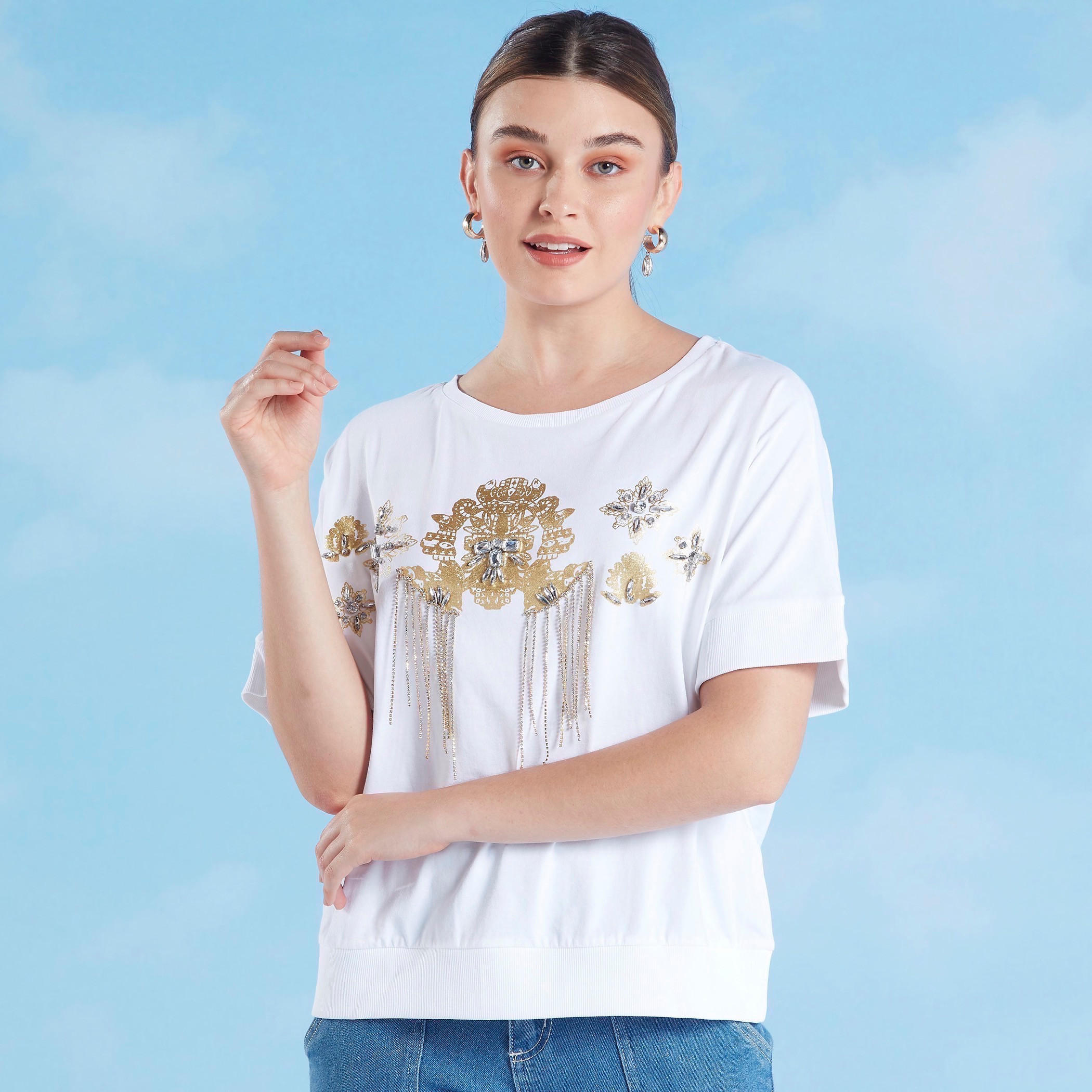 Iconic Embellished T-shirt with Round Neck and Short Sleeves-women-clothing-tshirts-image-1