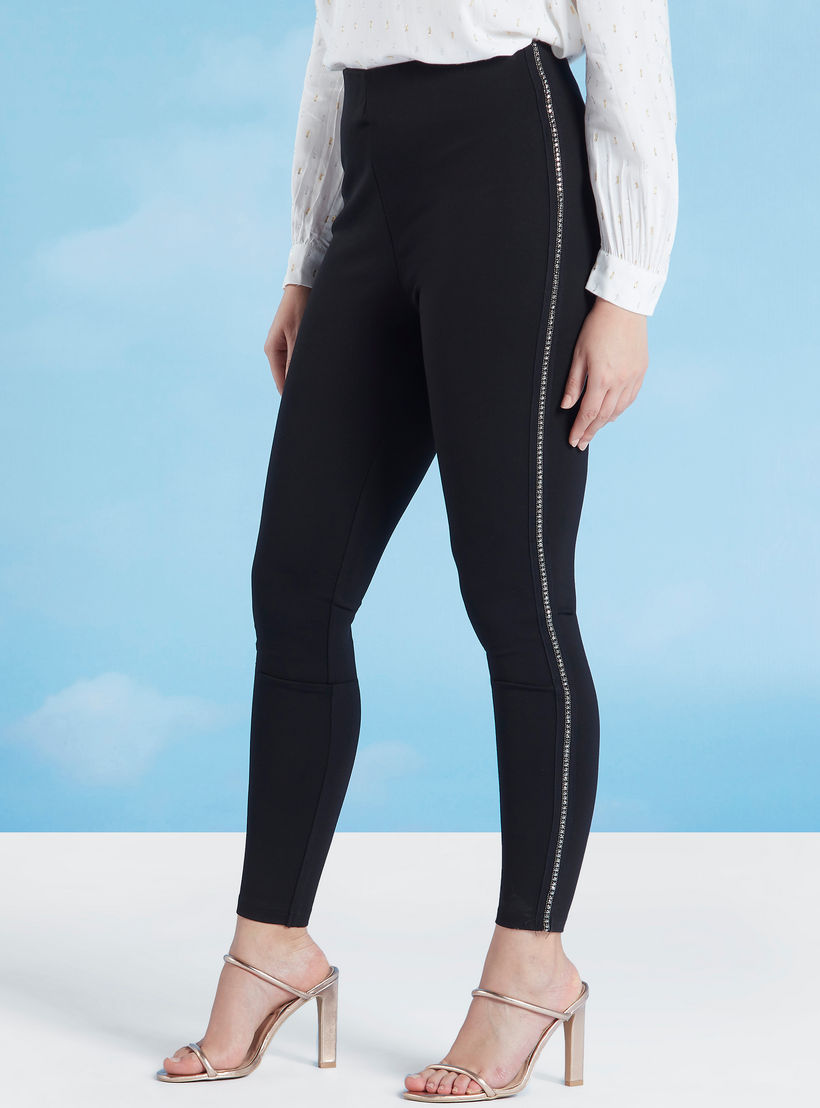 بنطلون ليقنز سادة متوسط الارتفاع و تفاصيل شريط من أيكونيك-women-clothing-bottoms-leggings-image-4