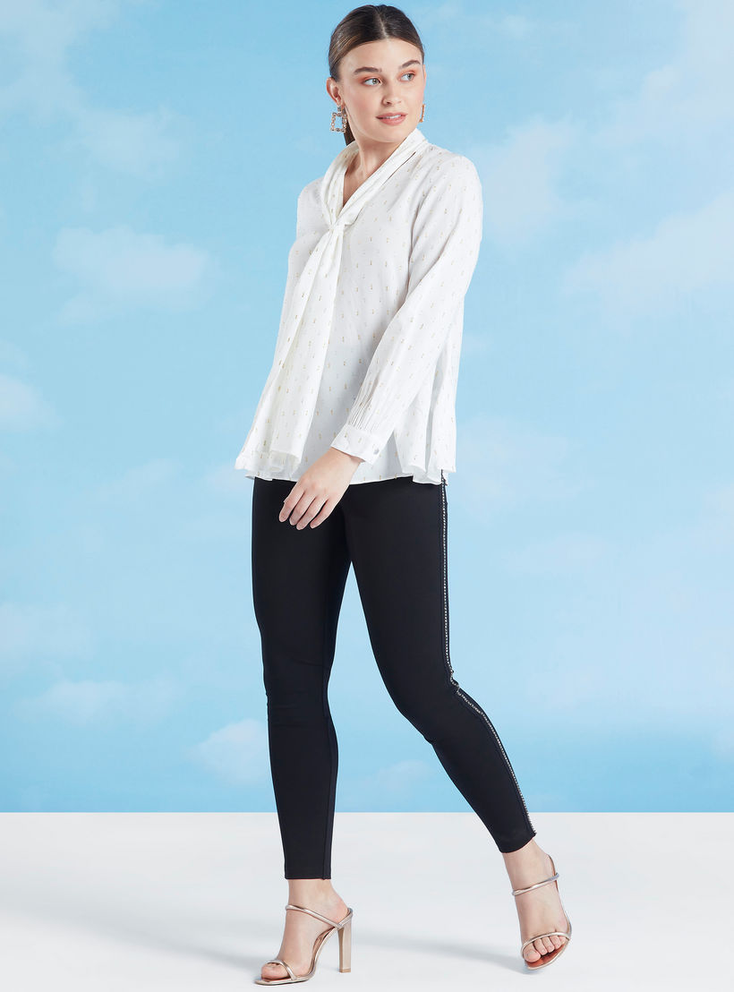 بنطلون ليقنز سادة متوسط الارتفاع و تفاصيل شريط من أيكونيك-women-clothing-bottoms-leggings-image-3