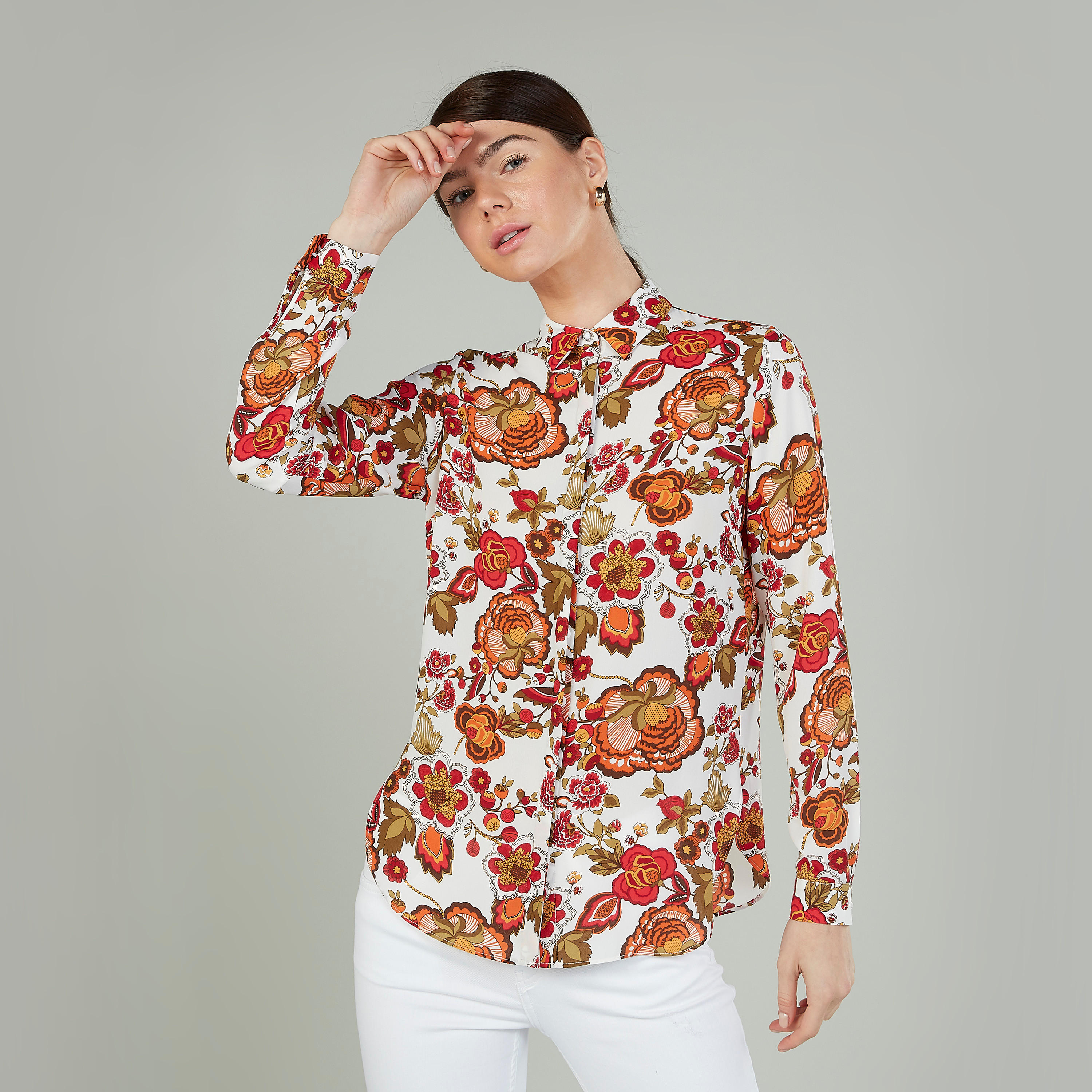 بلوزة سادة بياقة عاديّة وأكمام طويلة من آيكونيك-women-clothing-shirtsandblouses-blouses-image-1