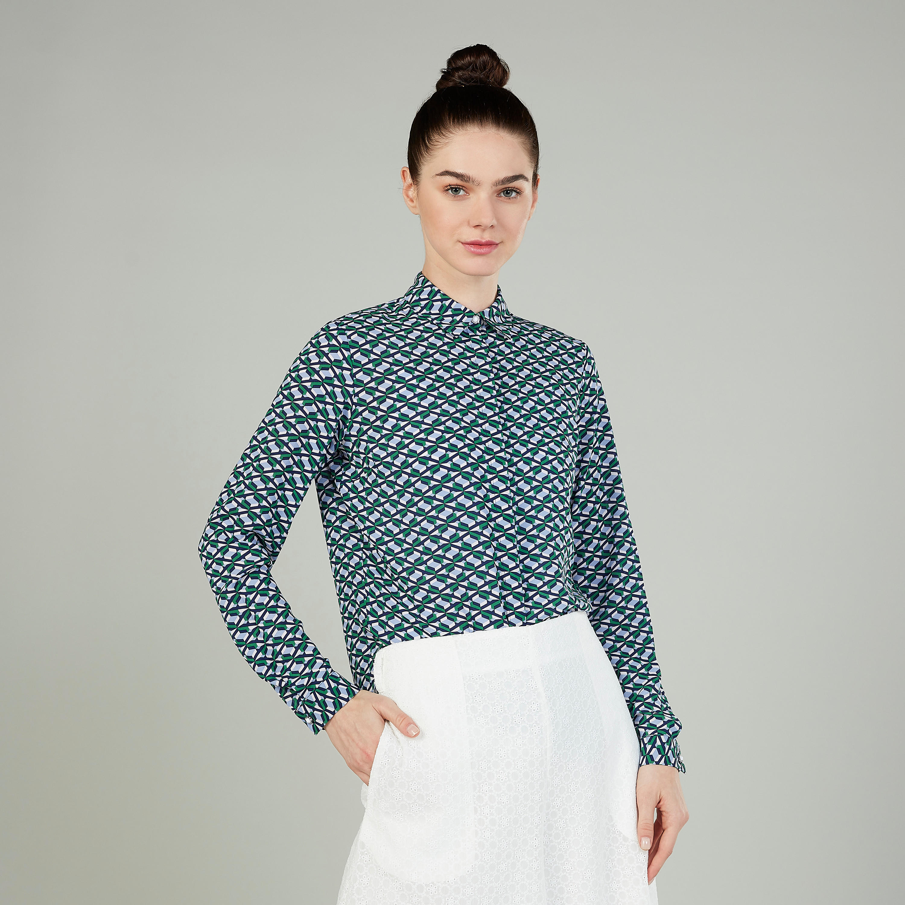 Iconic Print Top with Spread Collar and Long Sleeves-women-clothing-shirtsandblouses-blouses-image-1