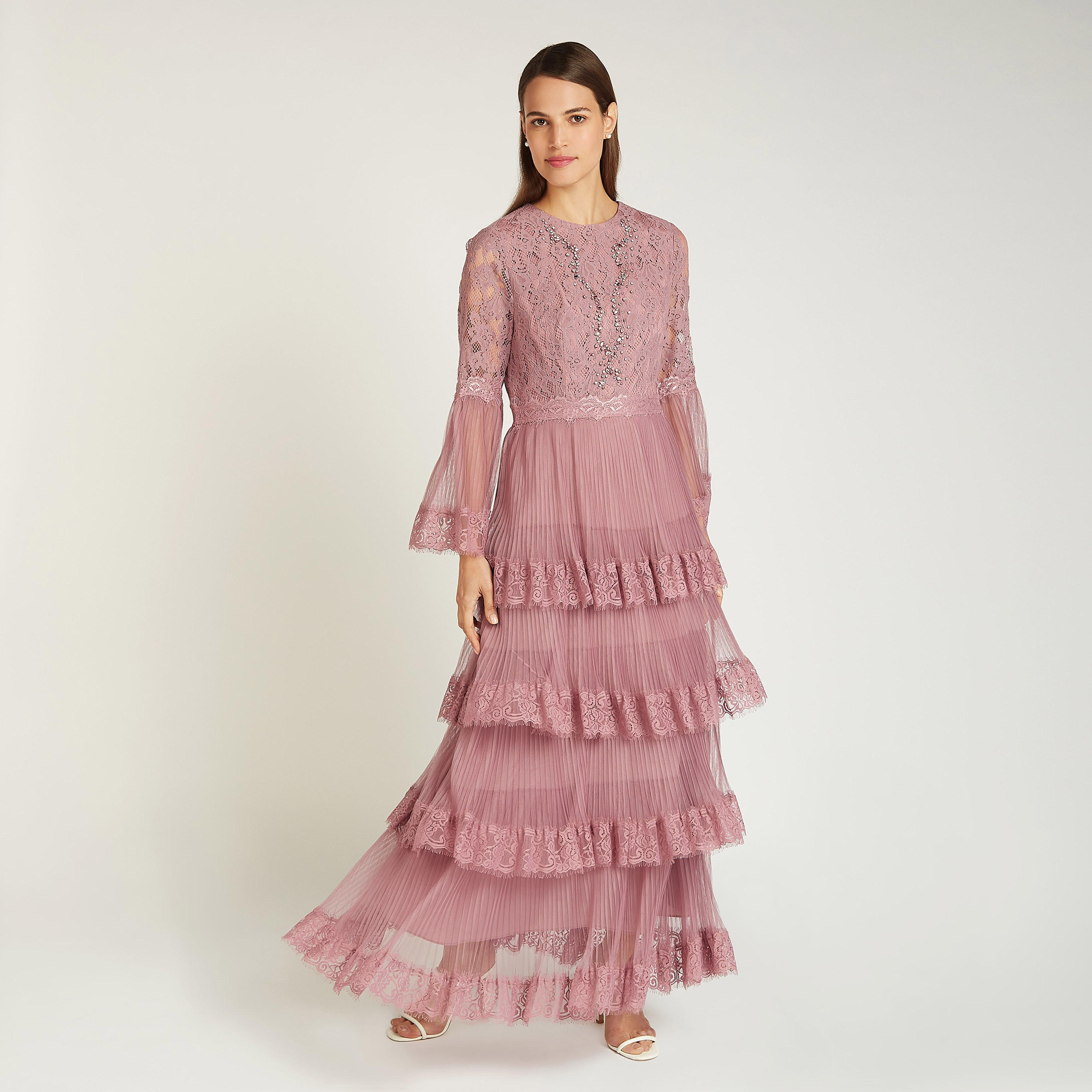 Embellished Maxi A-line Dress with Bell Sleeves and Frill Layer-women-clothing-dresses-image-1