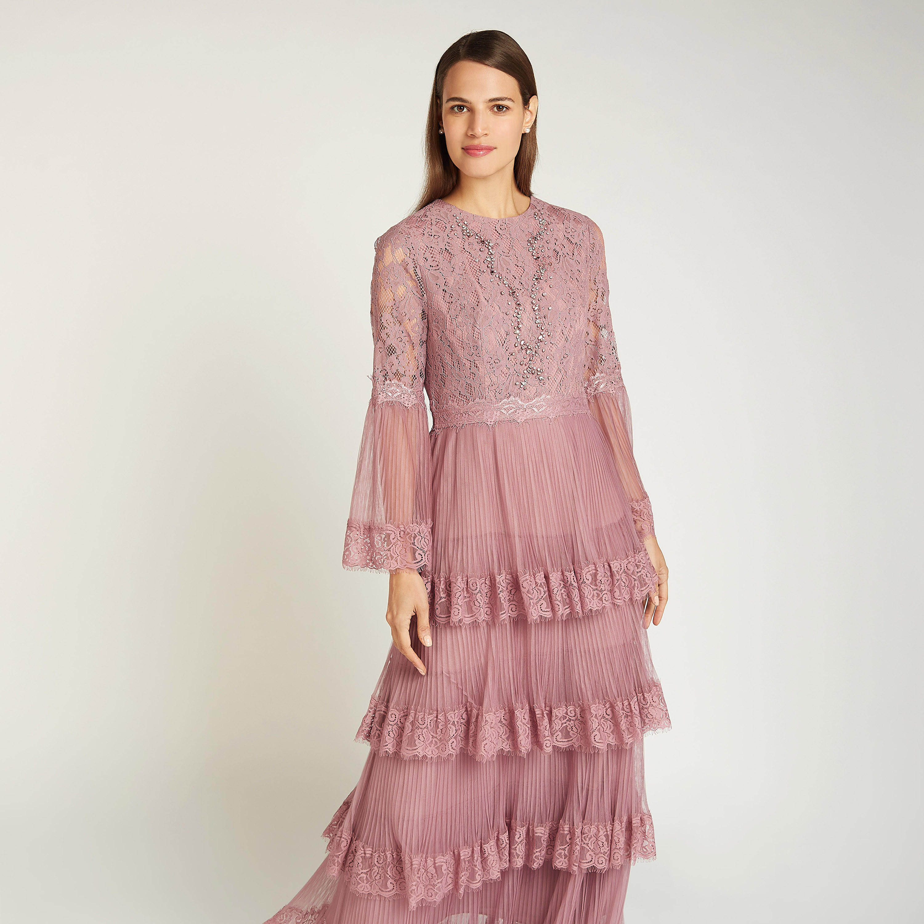 Embellished Maxi A-line Dress with Bell Sleeves and Frill Layer-women-clothing-dresses-image-2
