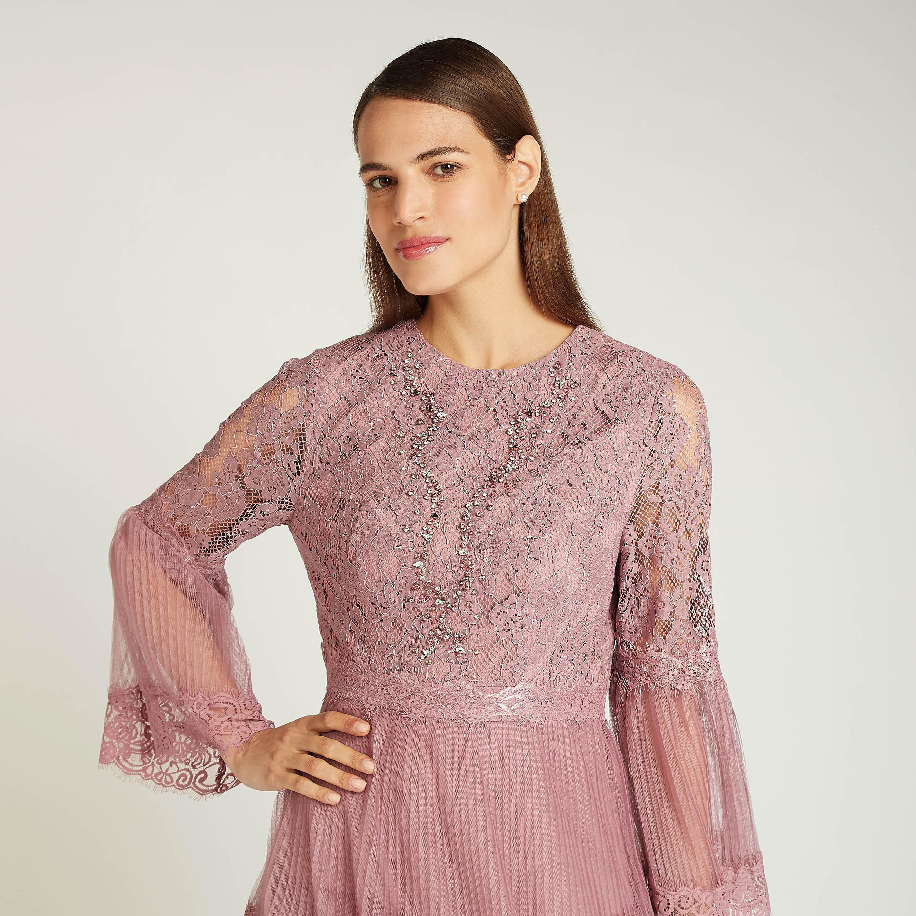 Embellished Maxi A-line Dress with Bell Sleeves and Frill Layer-women-clothing-dresses-image-4