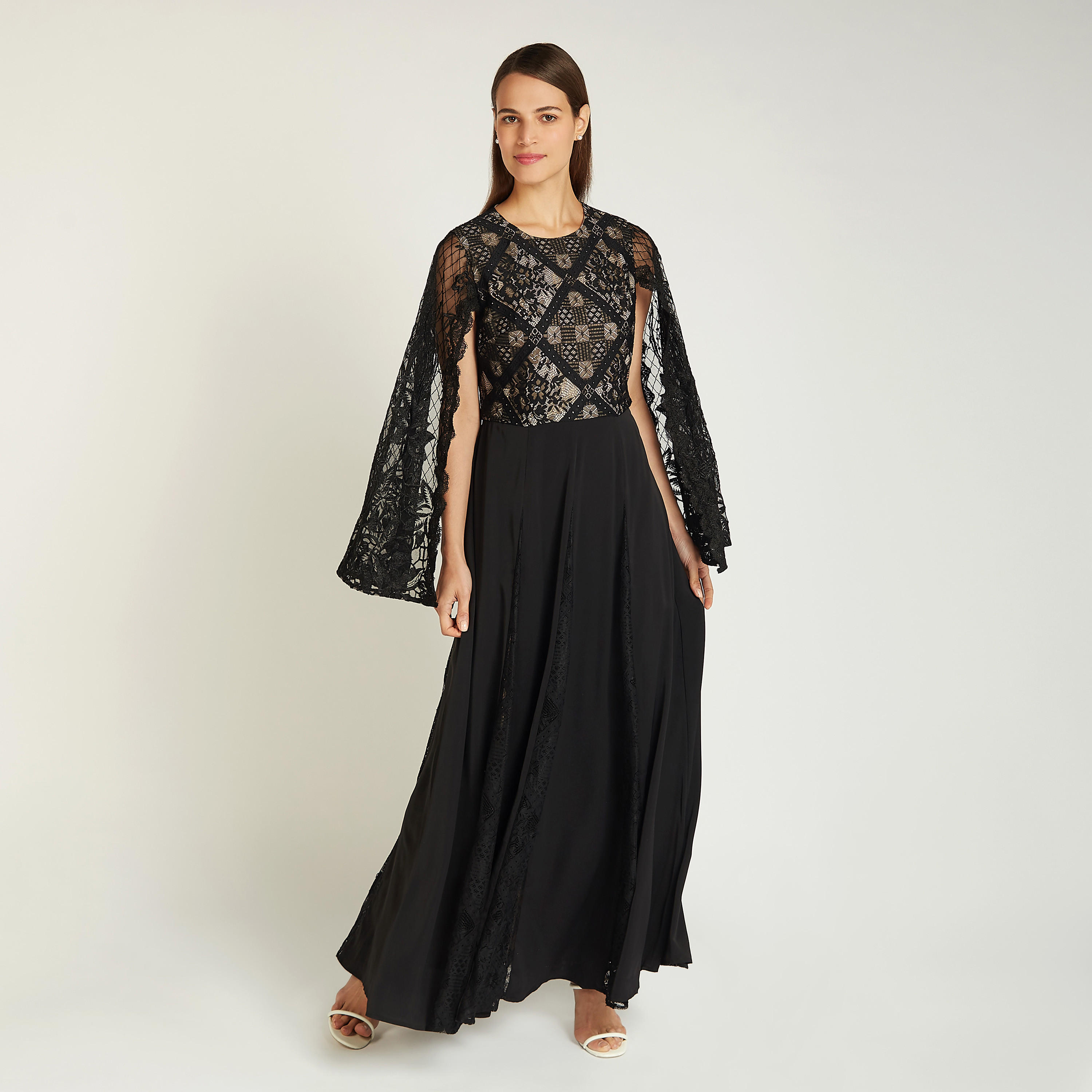 فستان إيه لاين طويل دانتيل بياقة مستديرة وأكمام كاب من آيكونيك-women-clothing-dresses-image-1