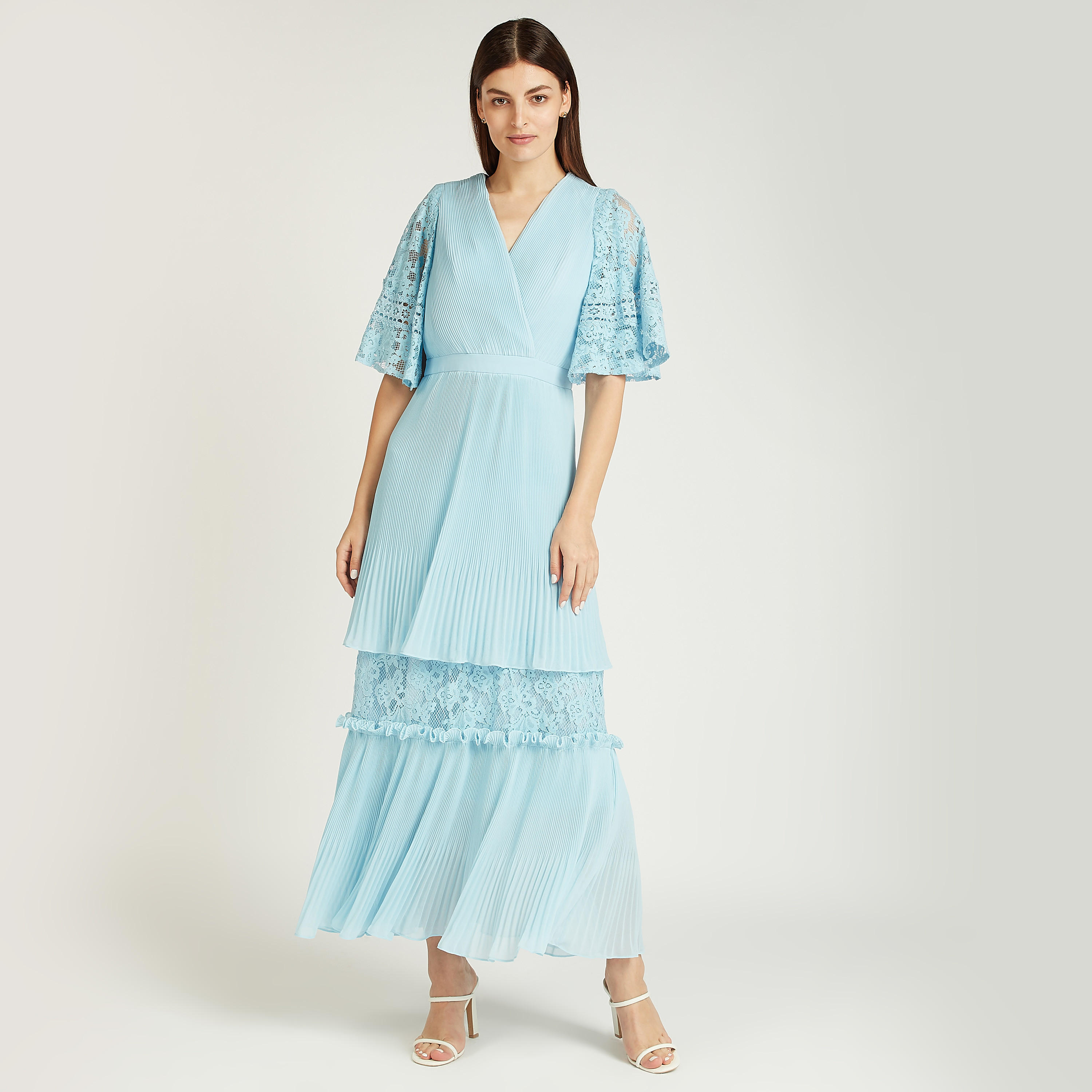 Iconic Textured Maxi A-line Dress with V-neck and Flared Sleeves-women-clothing-dresses-image-1