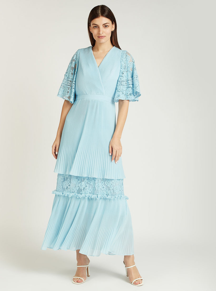 Iconic Textured Maxi A-line Dress with V-neck and Flared Sleeves-women-clothing-dresses-image-1