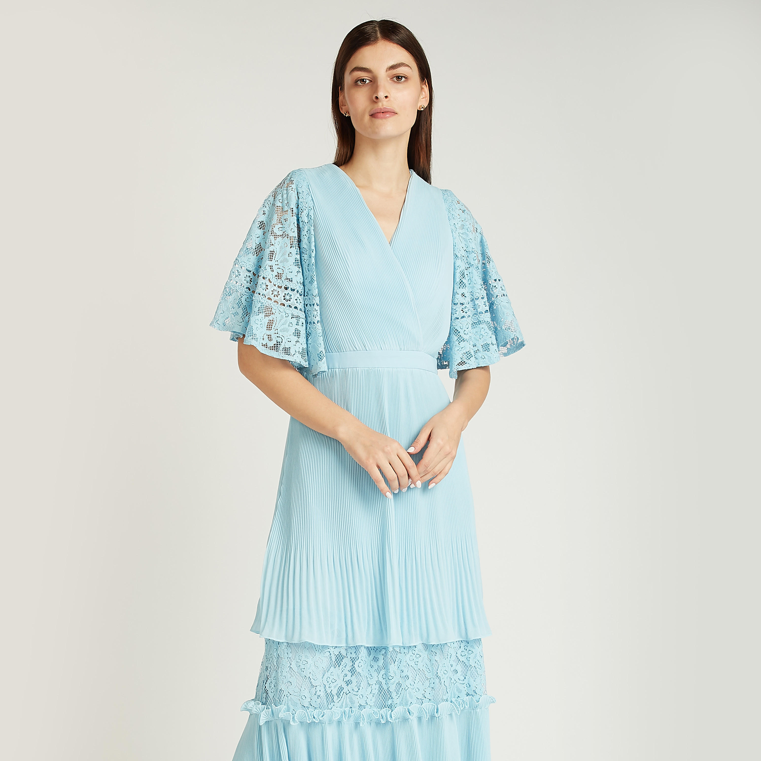 Iconic Textured Maxi A-line Dress with V-neck and Flared Sleeves-women-clothing-dresses-image-2