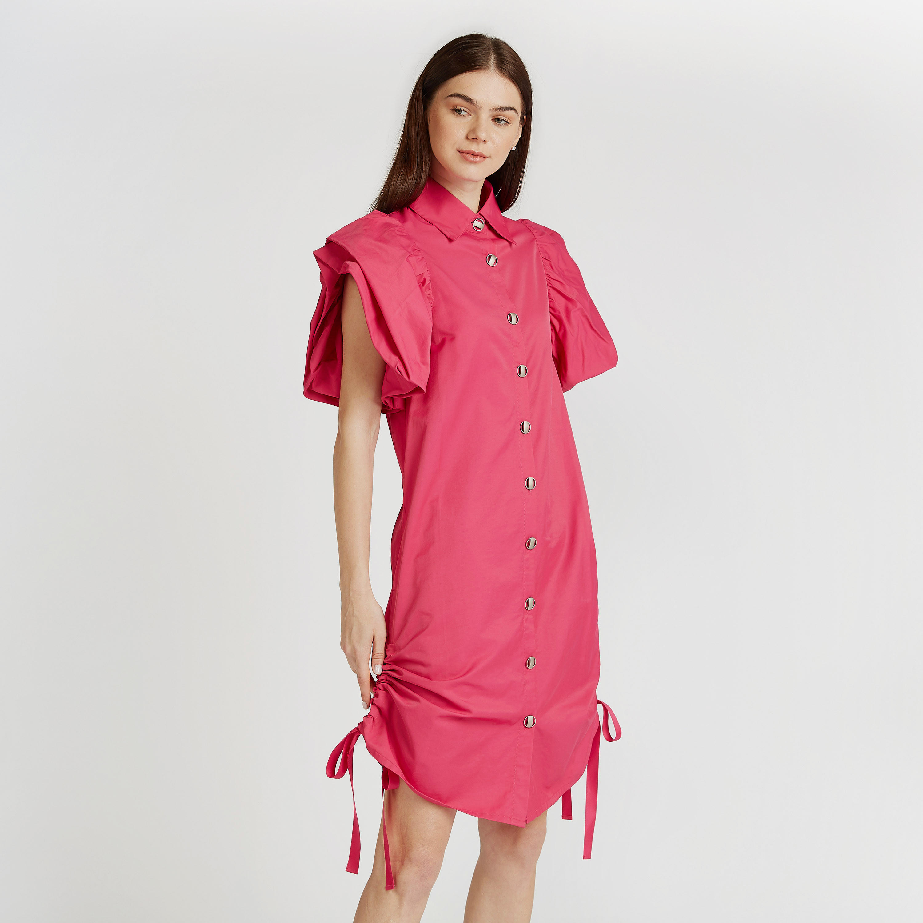 Iconic Solid Midi Shirt Dress with Short Sleeves and Tie Ups-women-clothing-dresses-image-1