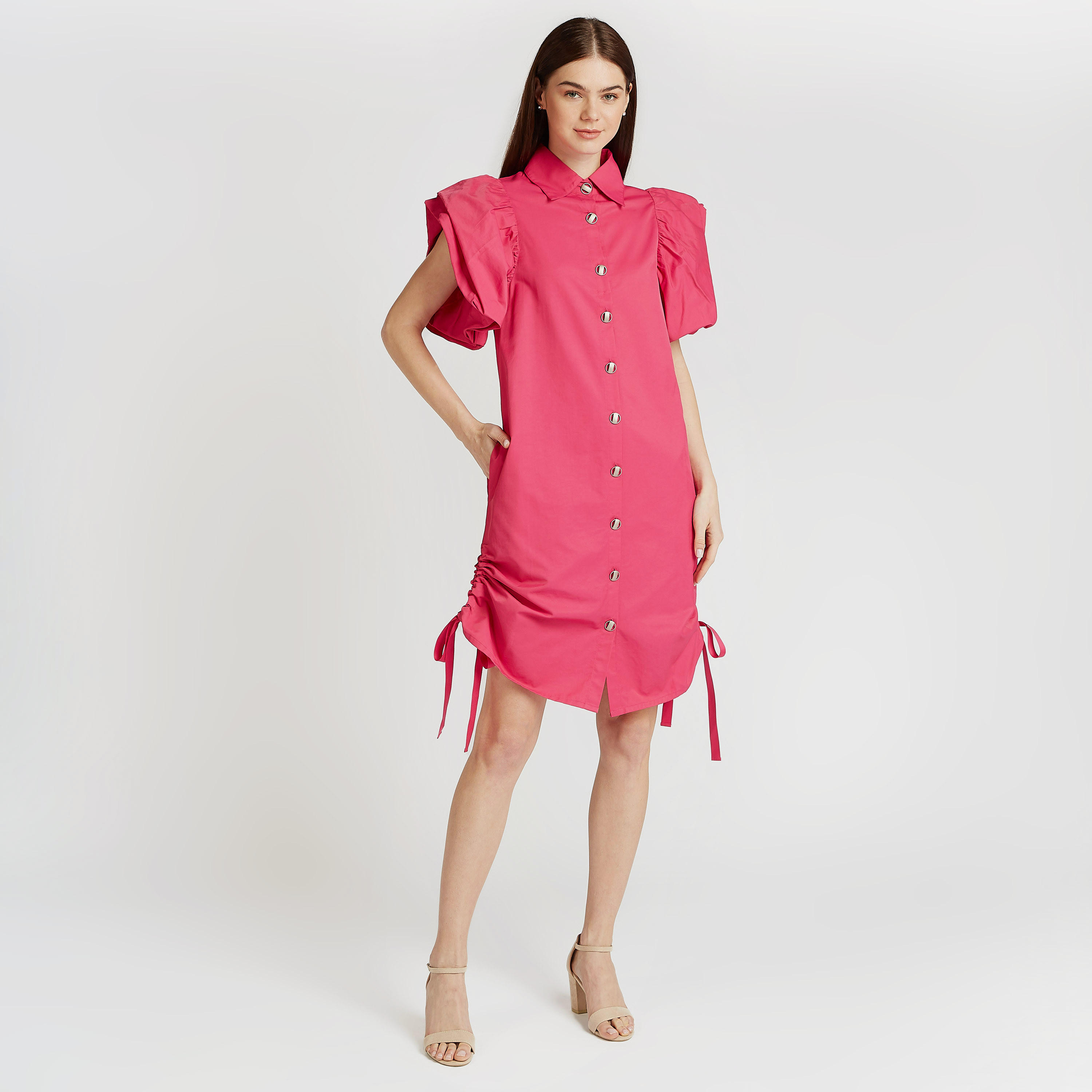 Iconic Solid Midi Shirt Dress with Short Sleeves and Tie Ups-women-clothing-dresses-image-2