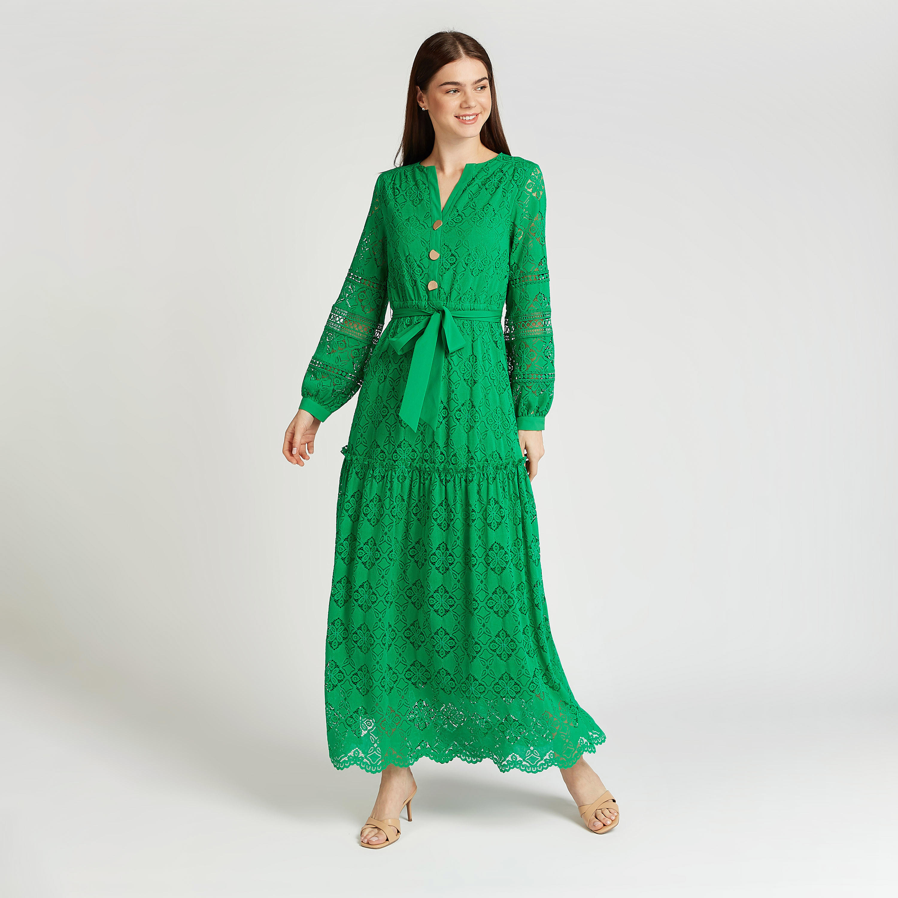 فستان دانتيل إيه لاين طويل بأكمام بيشوب وأربطة من آيكونيك-women-clothing-dresses-image-1