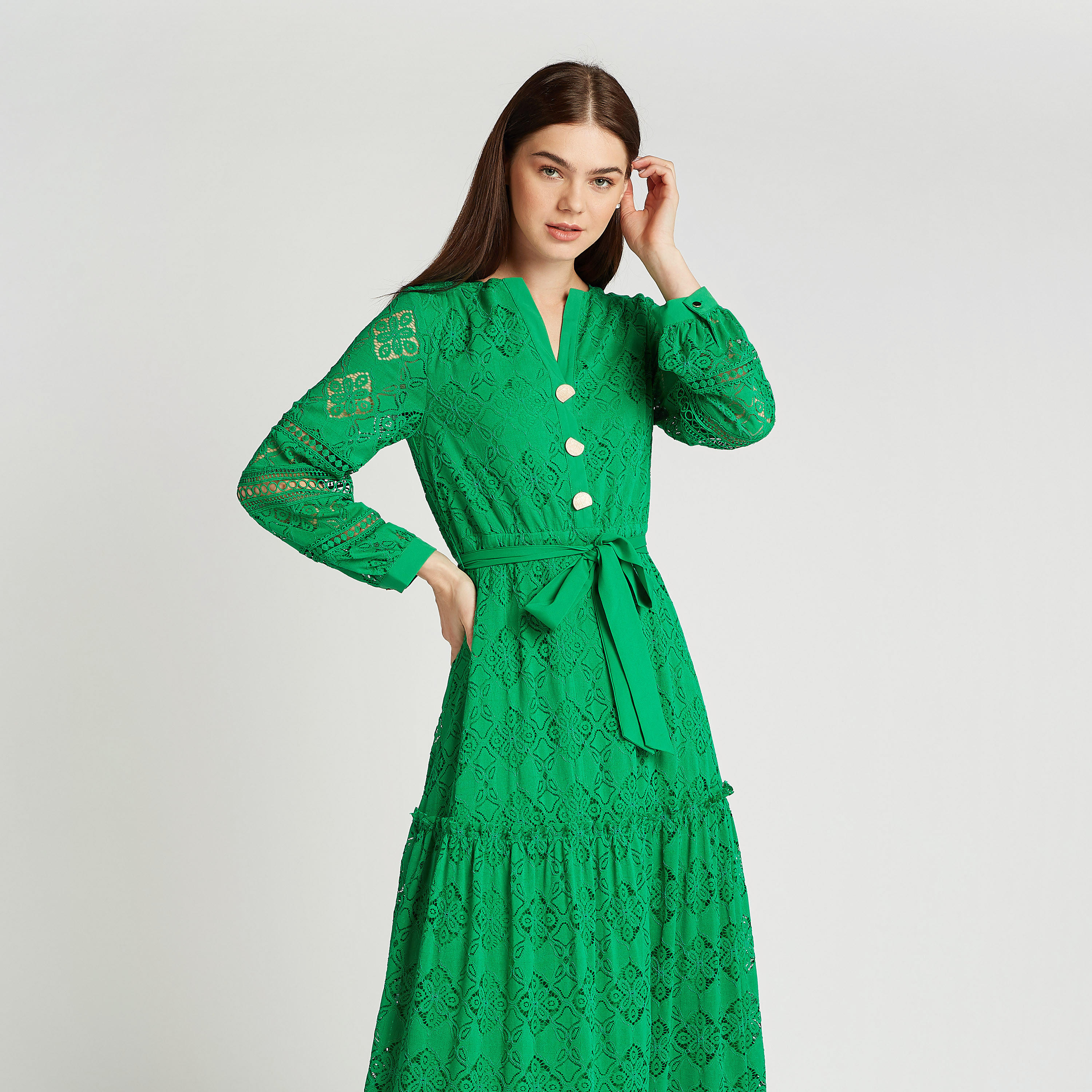 فستان دانتيل إيه لاين طويل بأكمام بيشوب وأربطة من آيكونيك-women-clothing-dresses-image-2