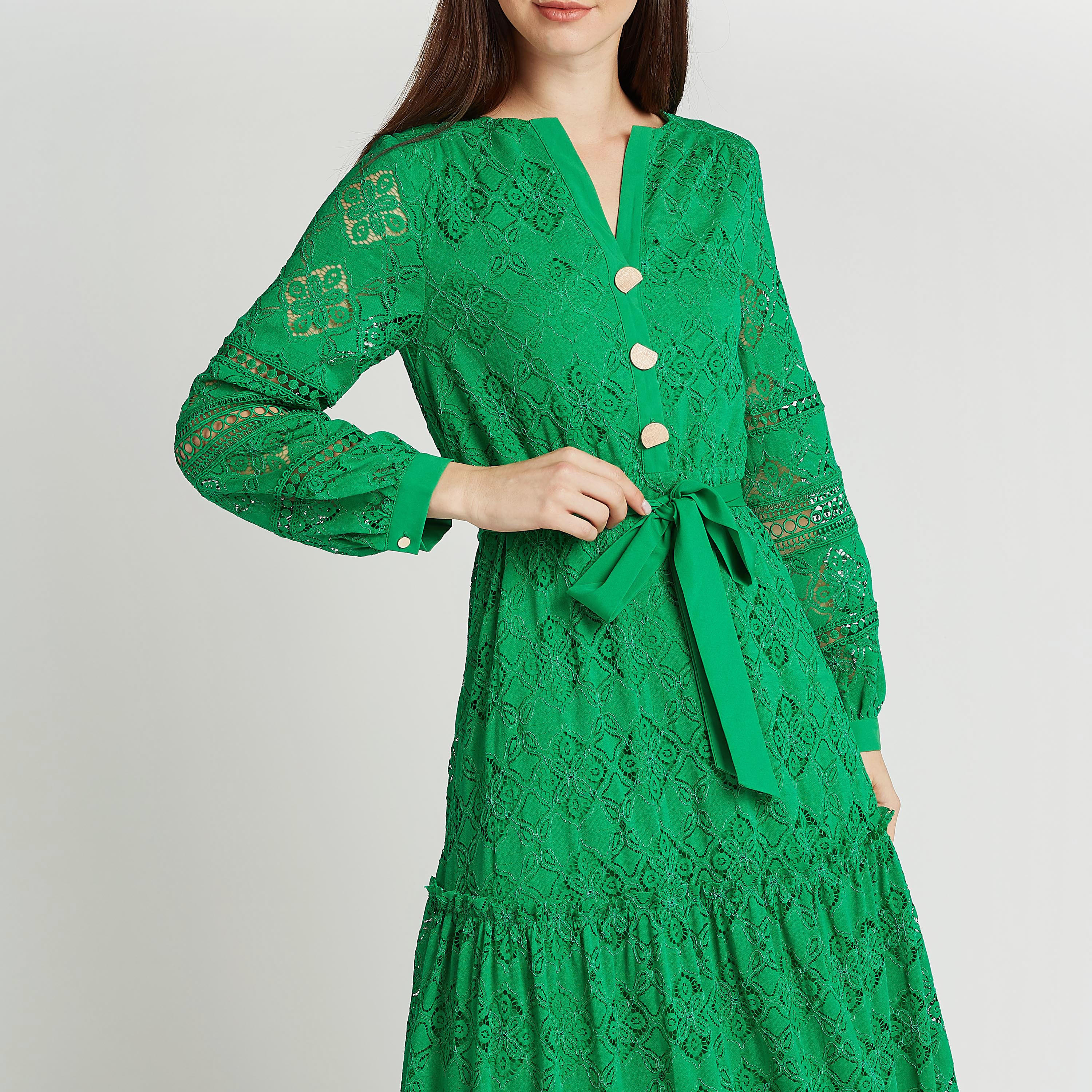 فستان دانتيل إيه لاين طويل بأكمام بيشوب وأربطة من آيكونيك-women-clothing-dresses-image-4