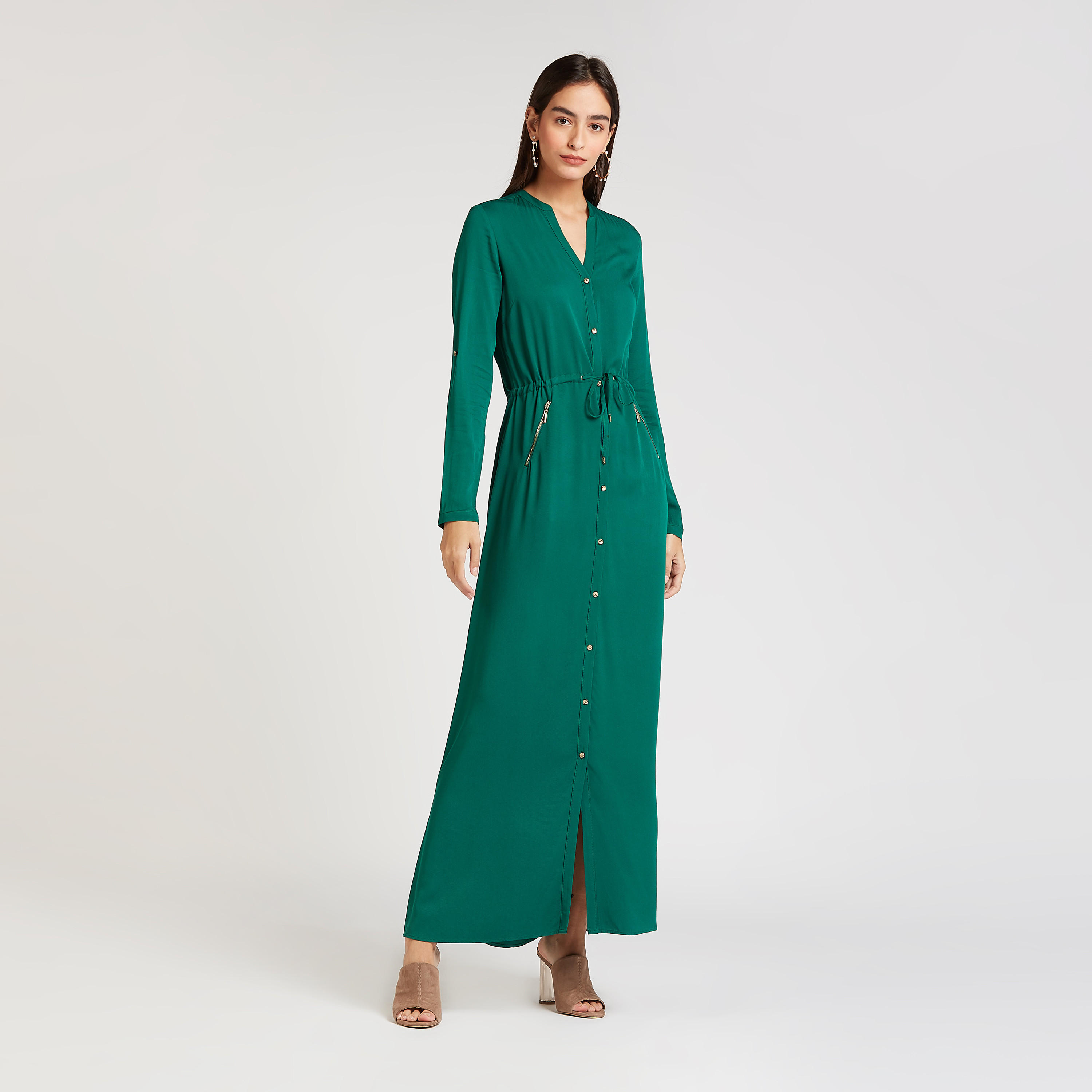 فستان قميص سادة طويل بأكمام طويلة ورباط من آيكونيك-women-clothing-dresses-image-1