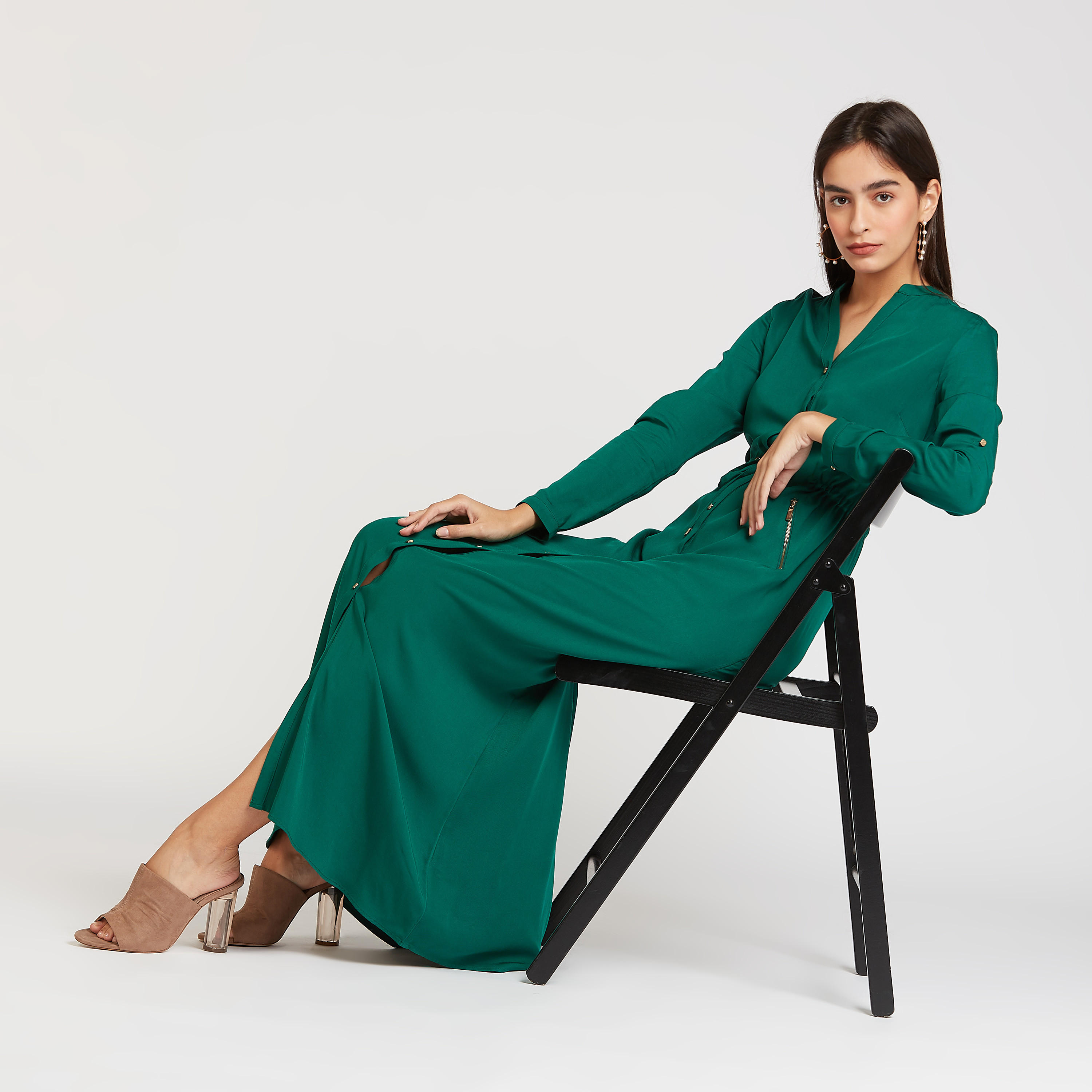 فستان قميص سادة طويل بأكمام طويلة ورباط من آيكونيك-women-clothing-dresses-image-2