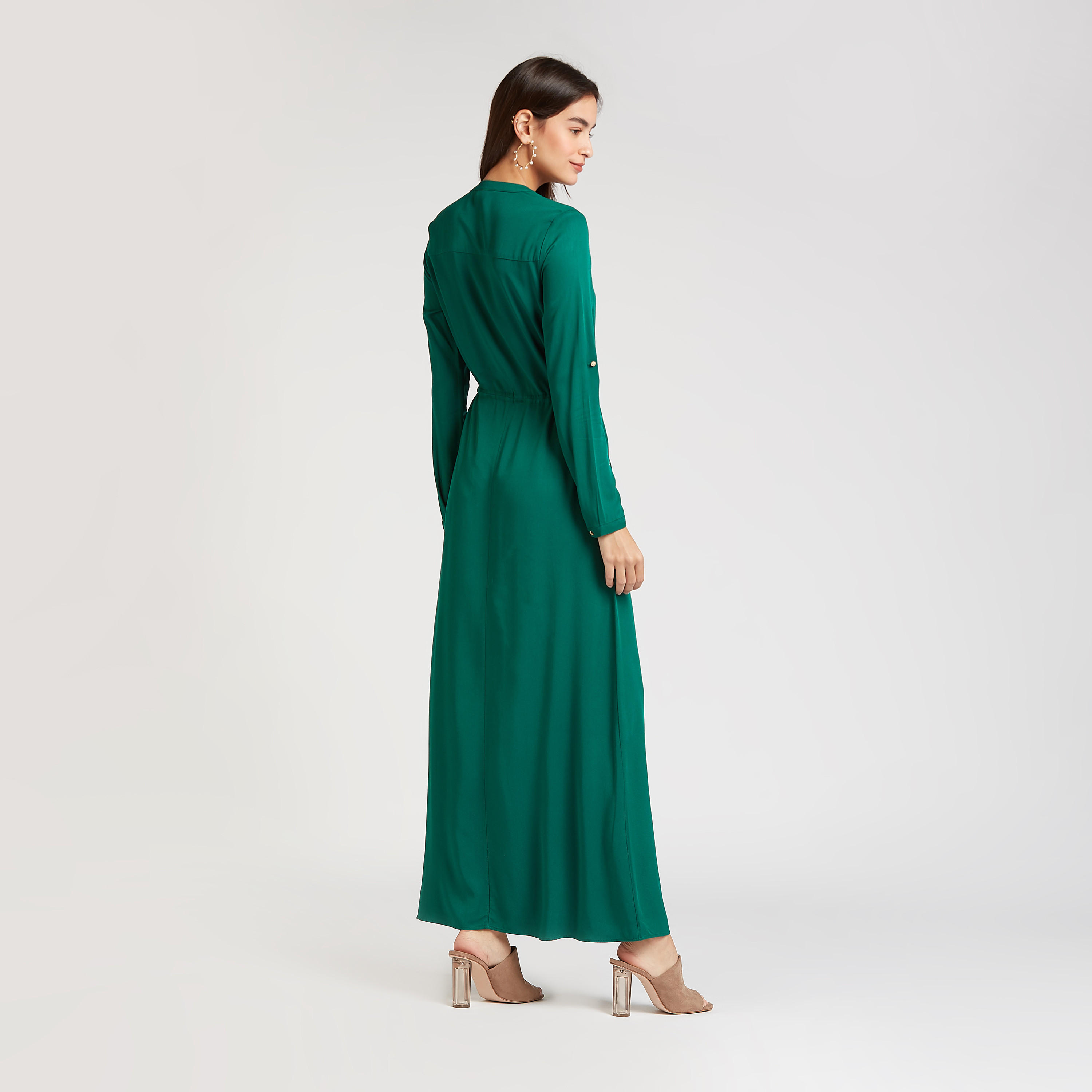 فستان قميص سادة طويل بأكمام طويلة ورباط من آيكونيك-women-clothing-dresses-image-4