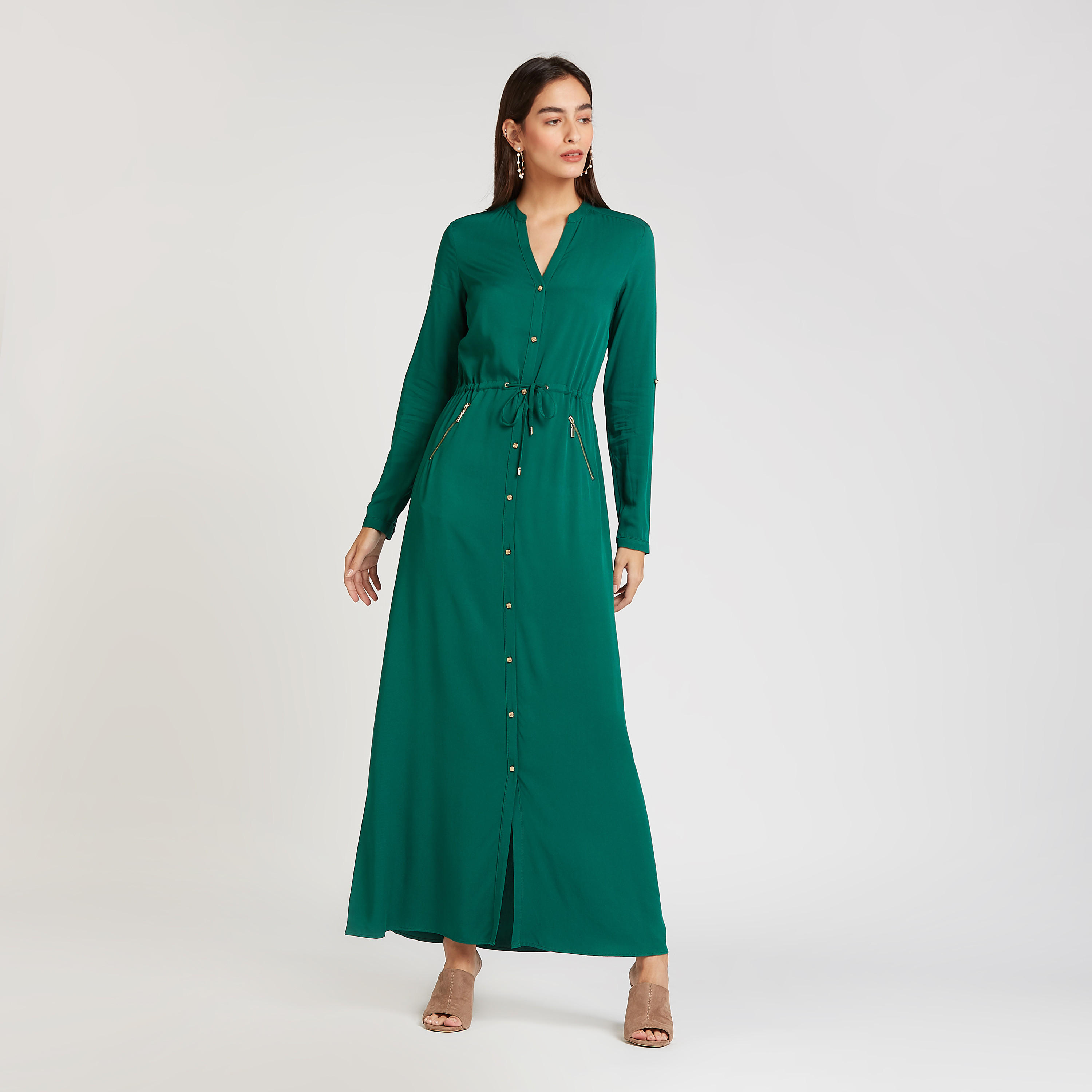 فستان قميص سادة طويل بأكمام طويلة ورباط من آيكونيك-women-clothing-dresses-image-5