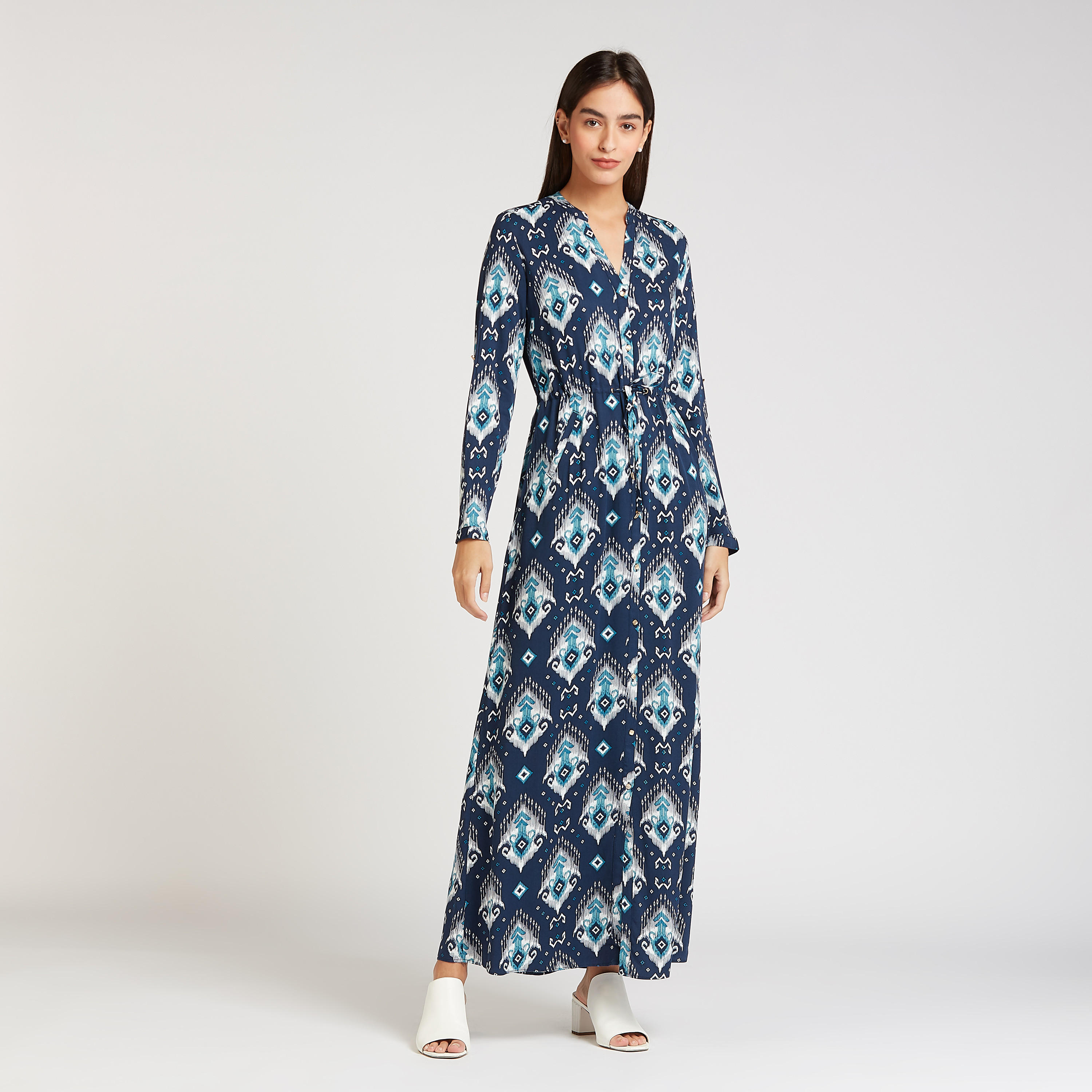 فستان قميص سادة طويل بأكمام طويلة ورباط و طبعات من آيكونيك-women-clothing-dresses-image-1