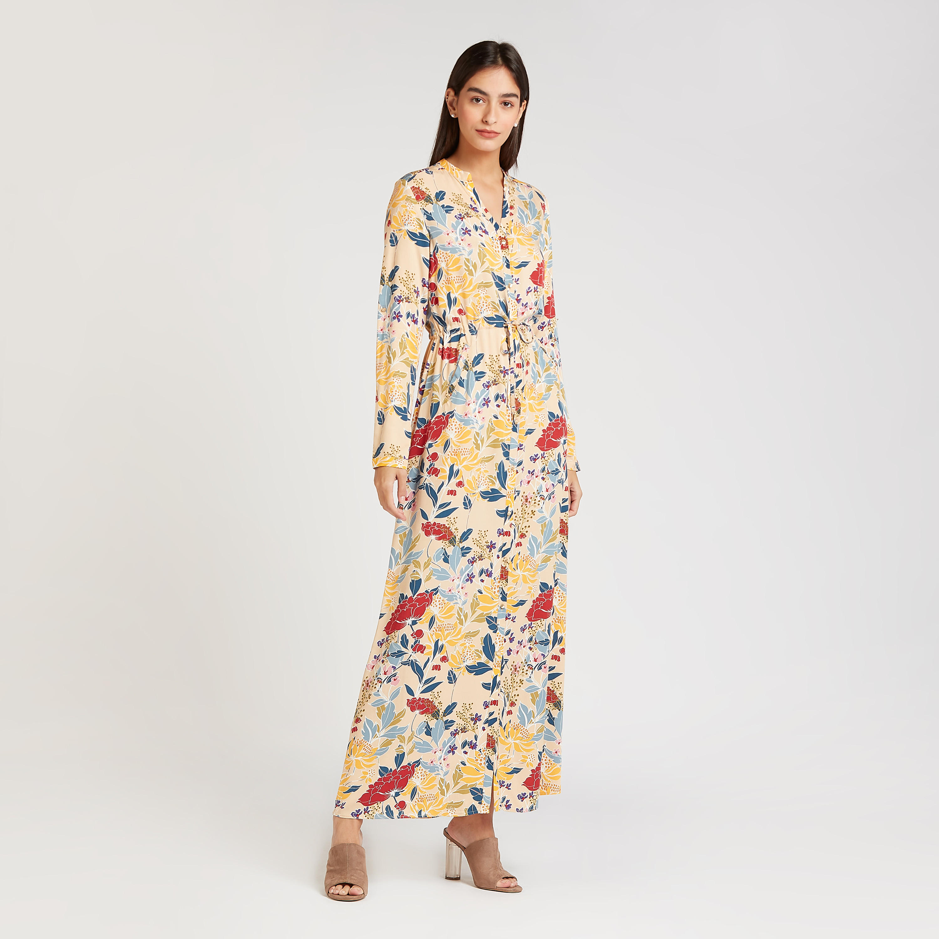 فستان قميص طويل بأكمام طويلة ورباط و طبعات من آيكونيك-women-clothing-dresses-image-1