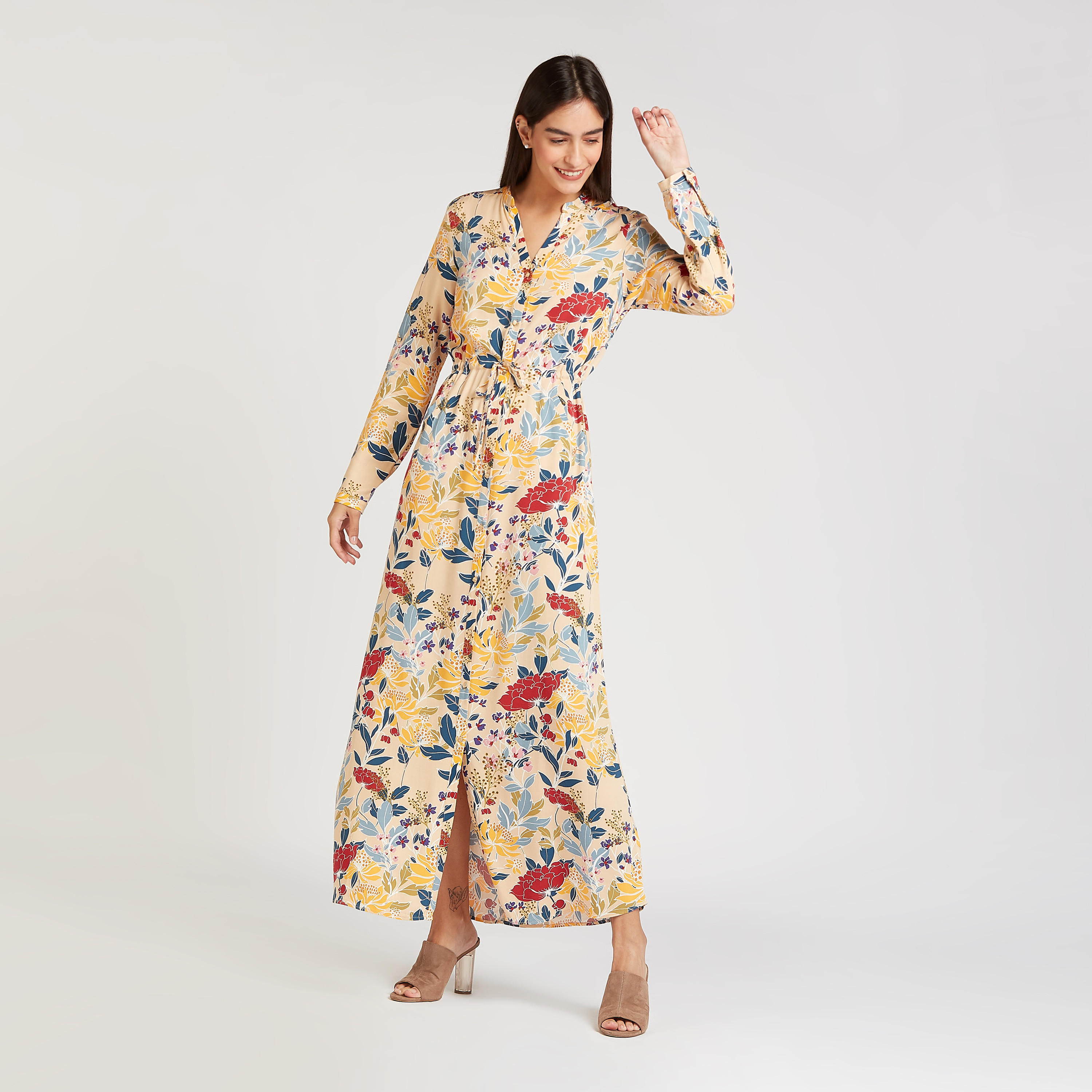 فستان قميص طويل بأكمام طويلة ورباط و طبعات من آيكونيك-women-clothing-dresses-image-2