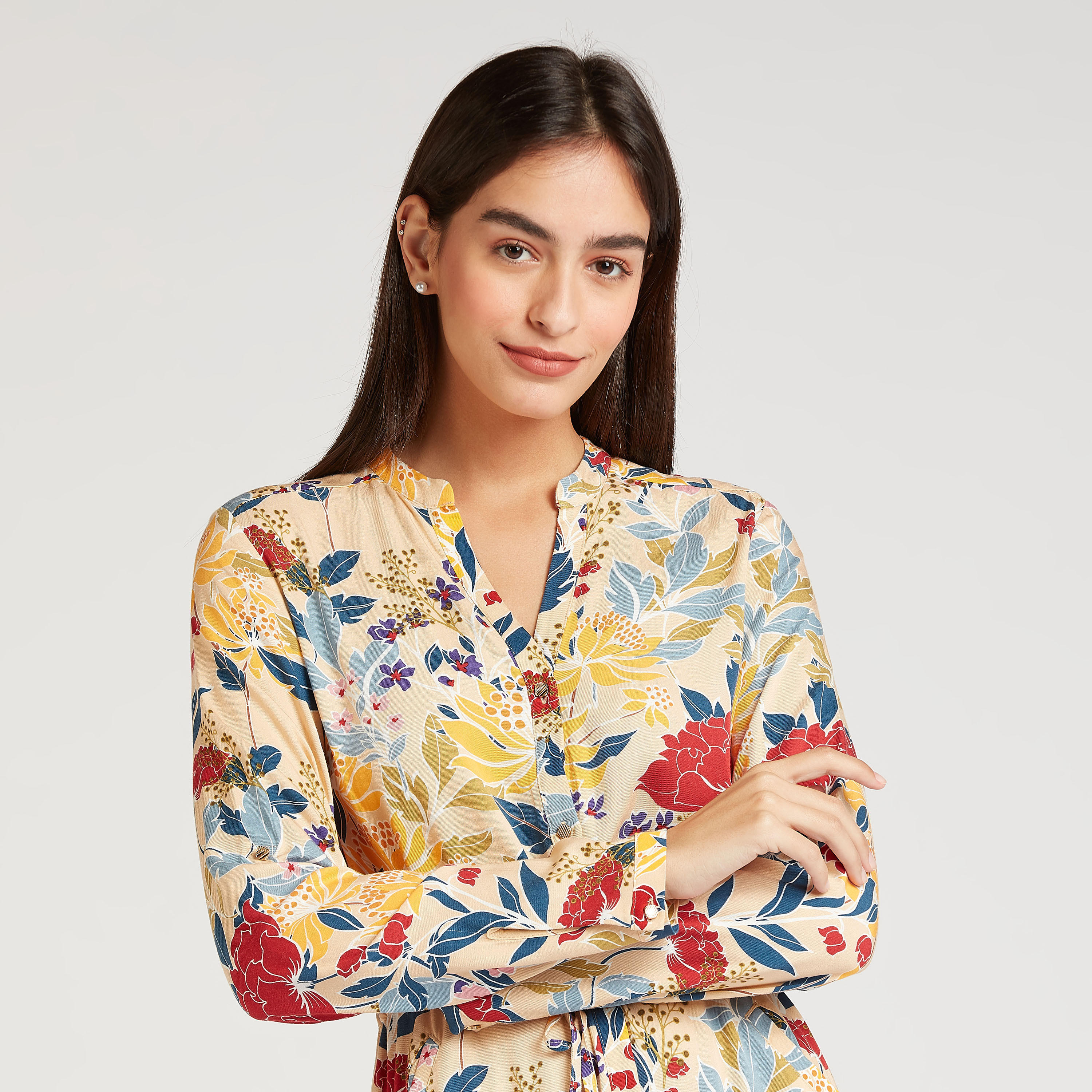 فستان قميص طويل بأكمام طويلة ورباط و طبعات من آيكونيك-women-clothing-dresses-image-5